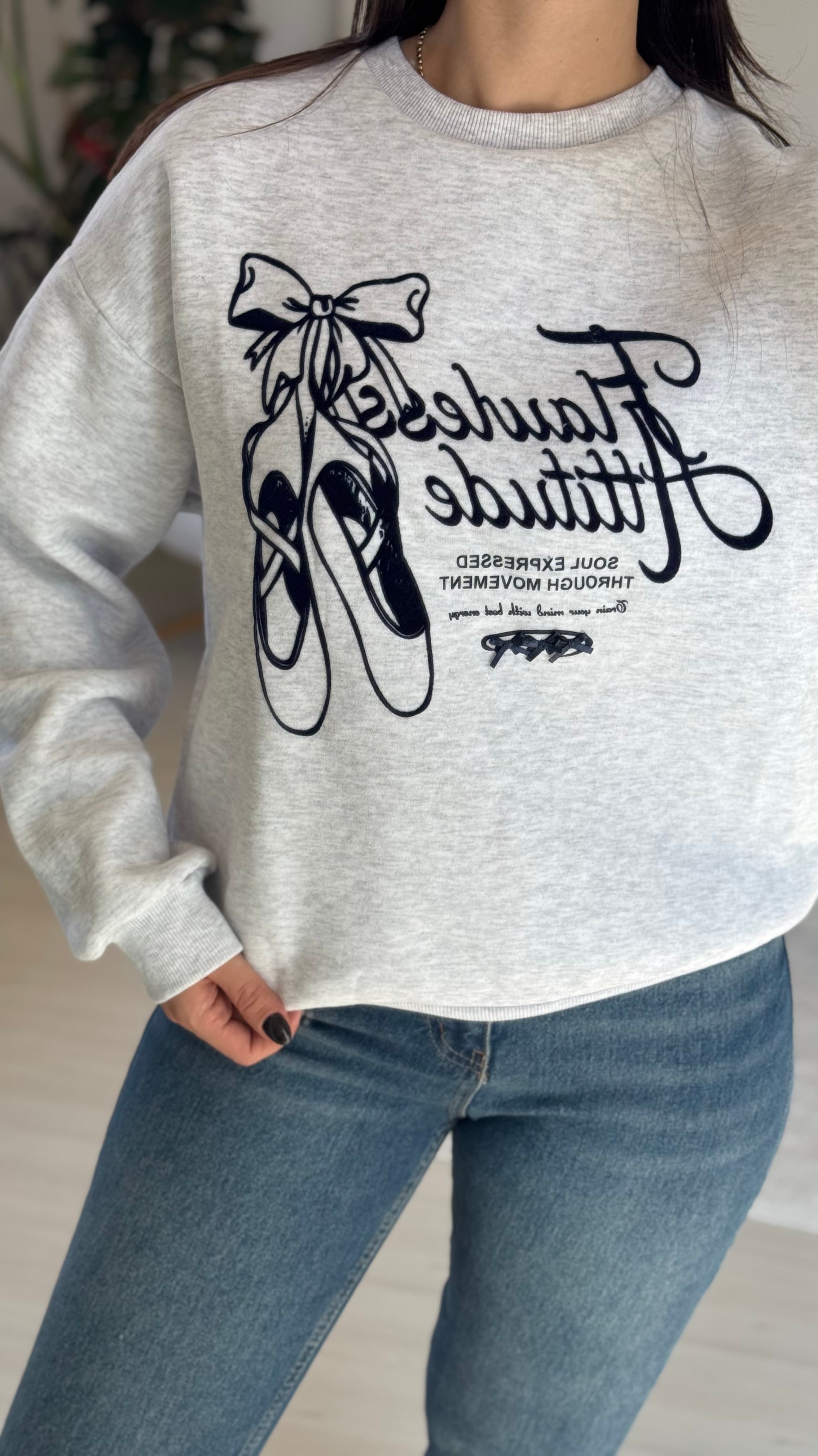 Figürlü Gri Melanj Sweat