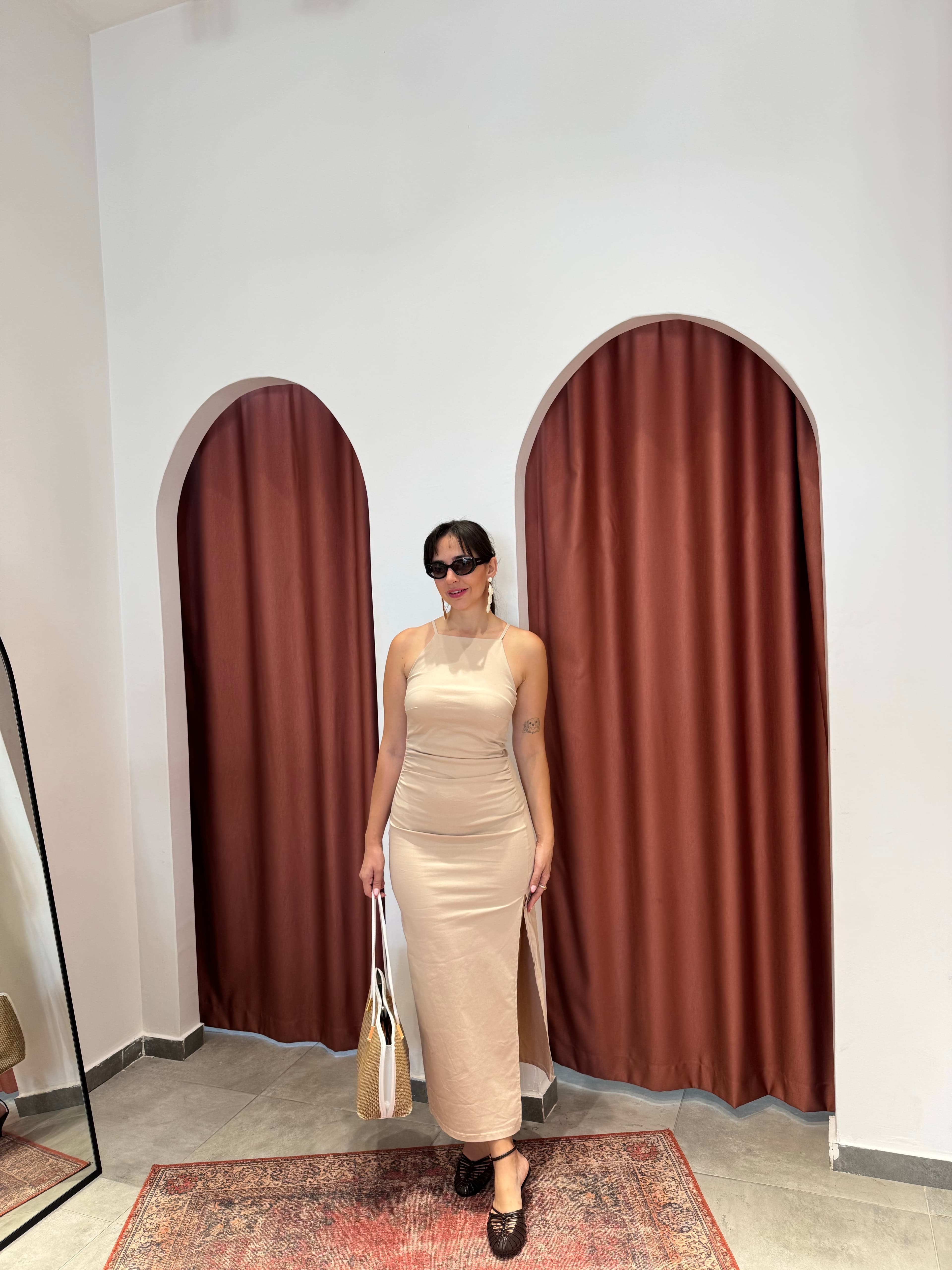 Halter Yaka Bej Midi Elbise