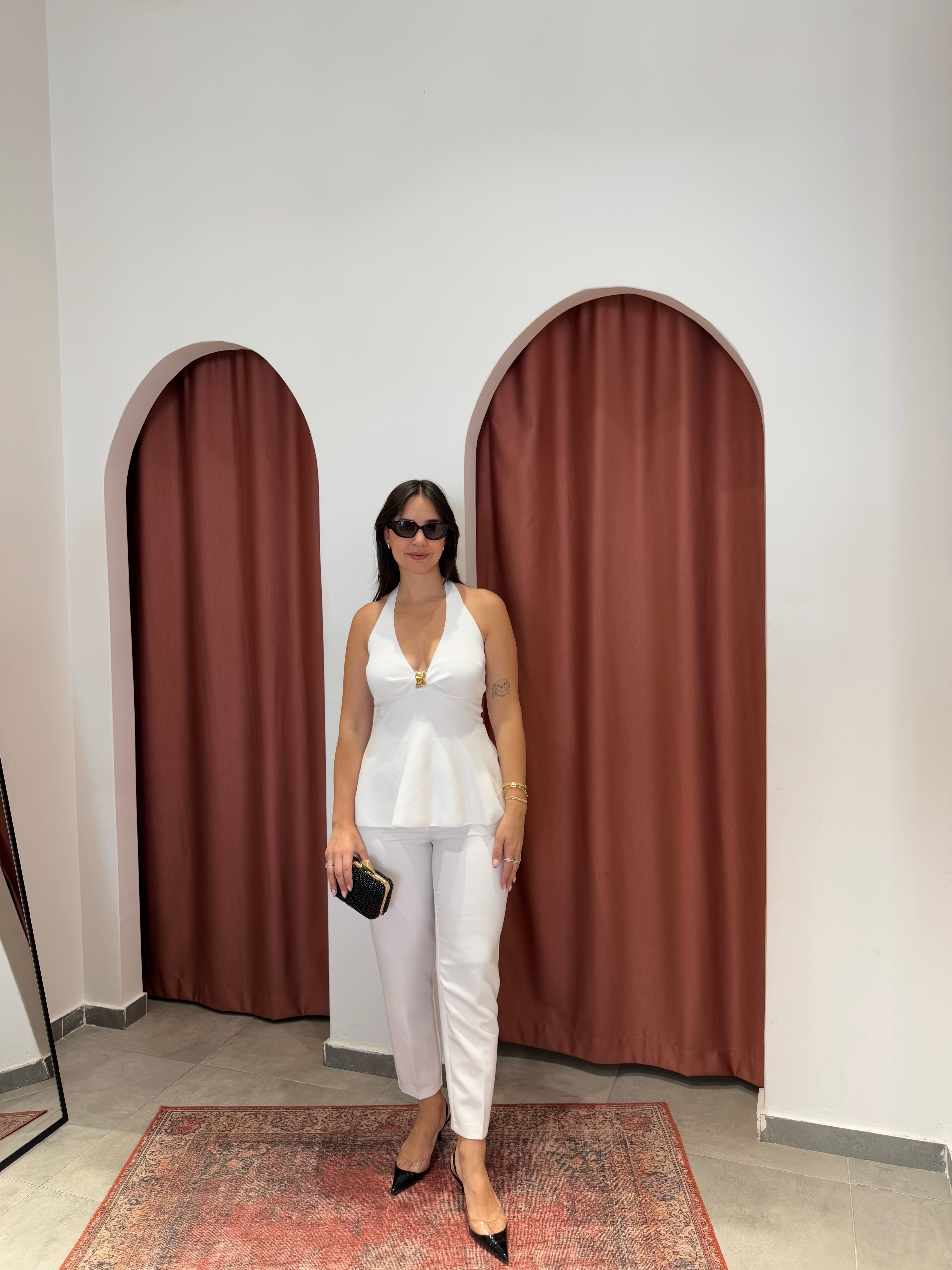 Halter Yaka Peplum Bluz Ekru