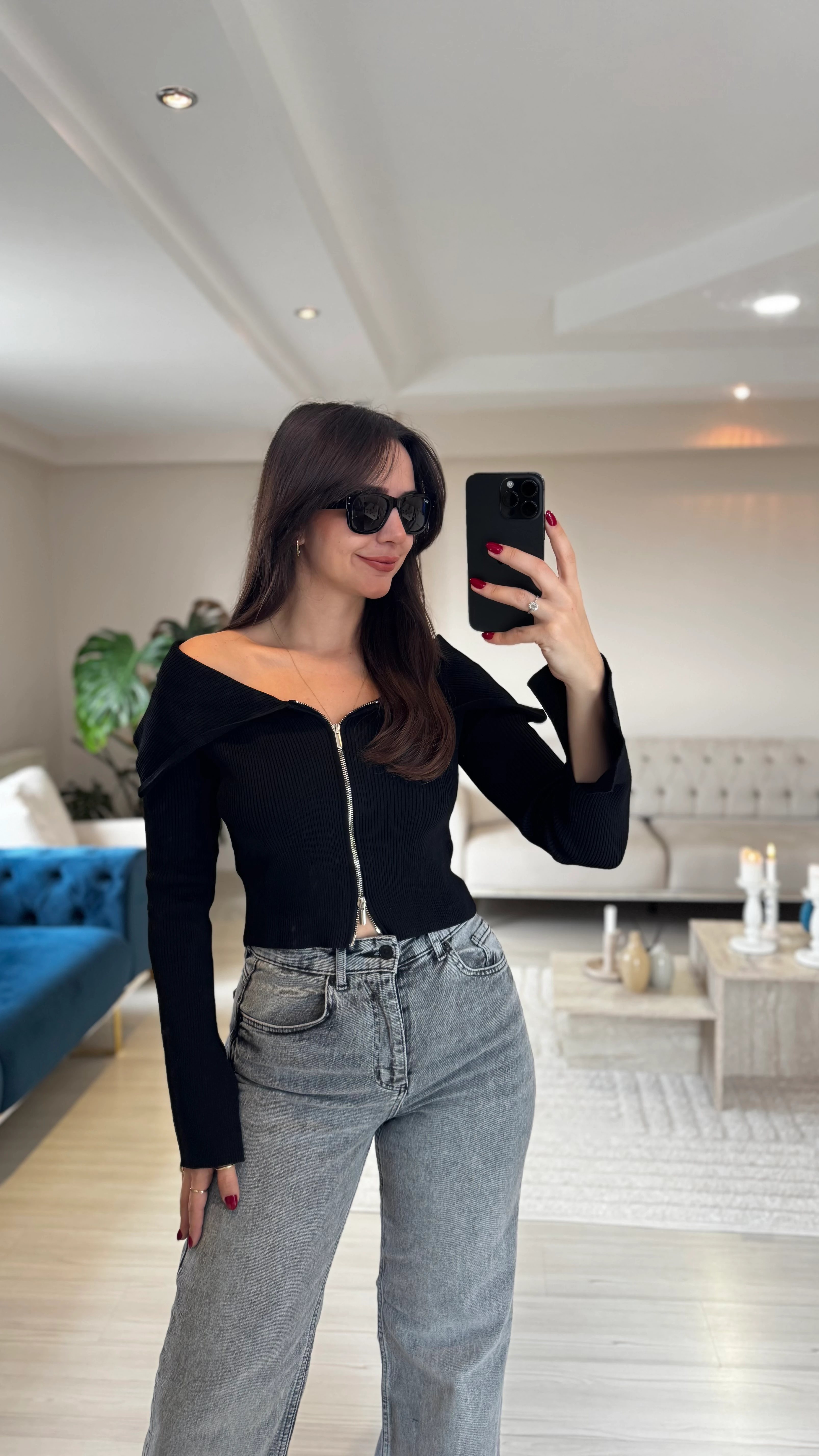 Fermuarlı Bardot Yaka Siyah