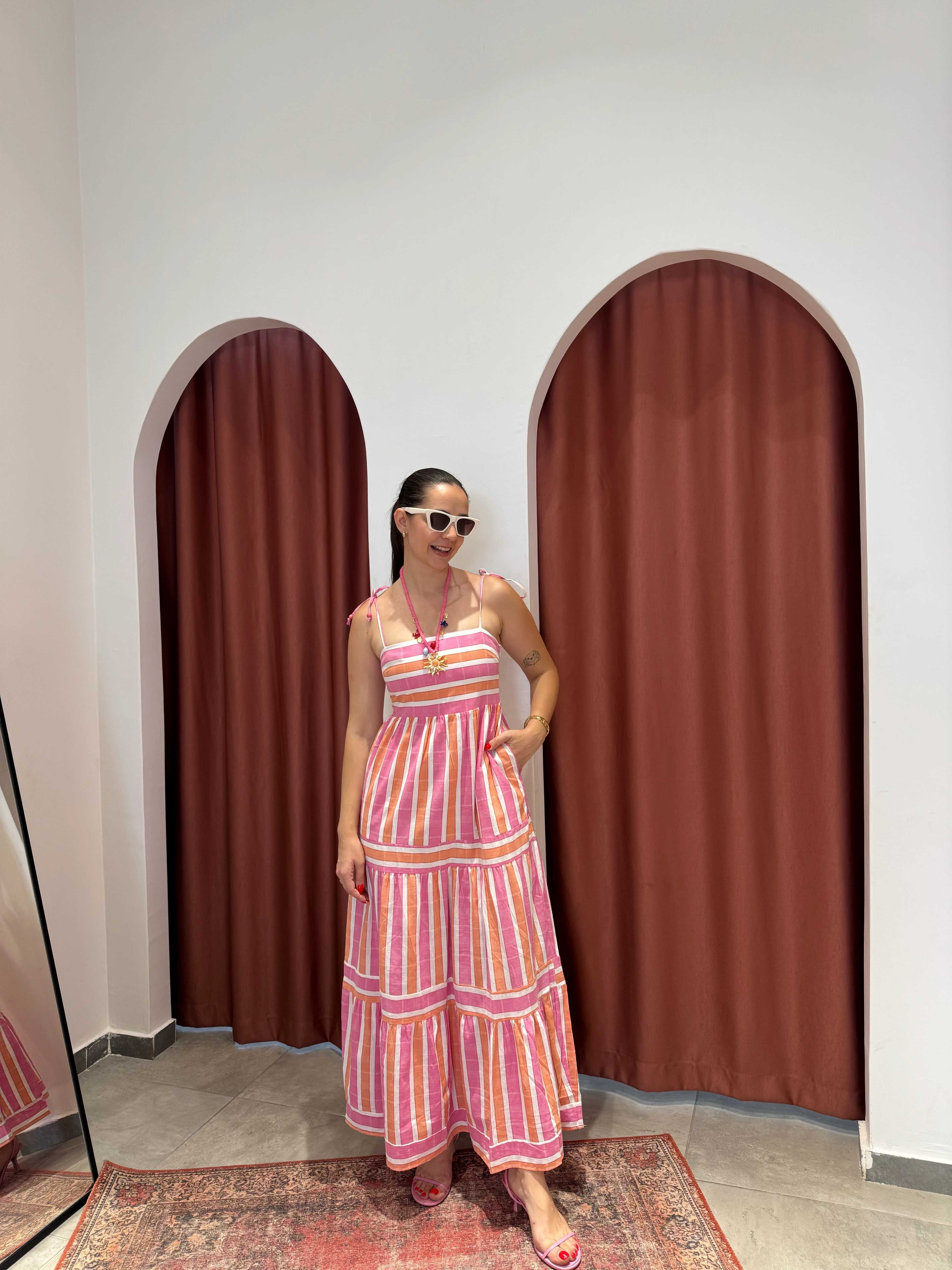 Keten Pembe Çizgili Elbise