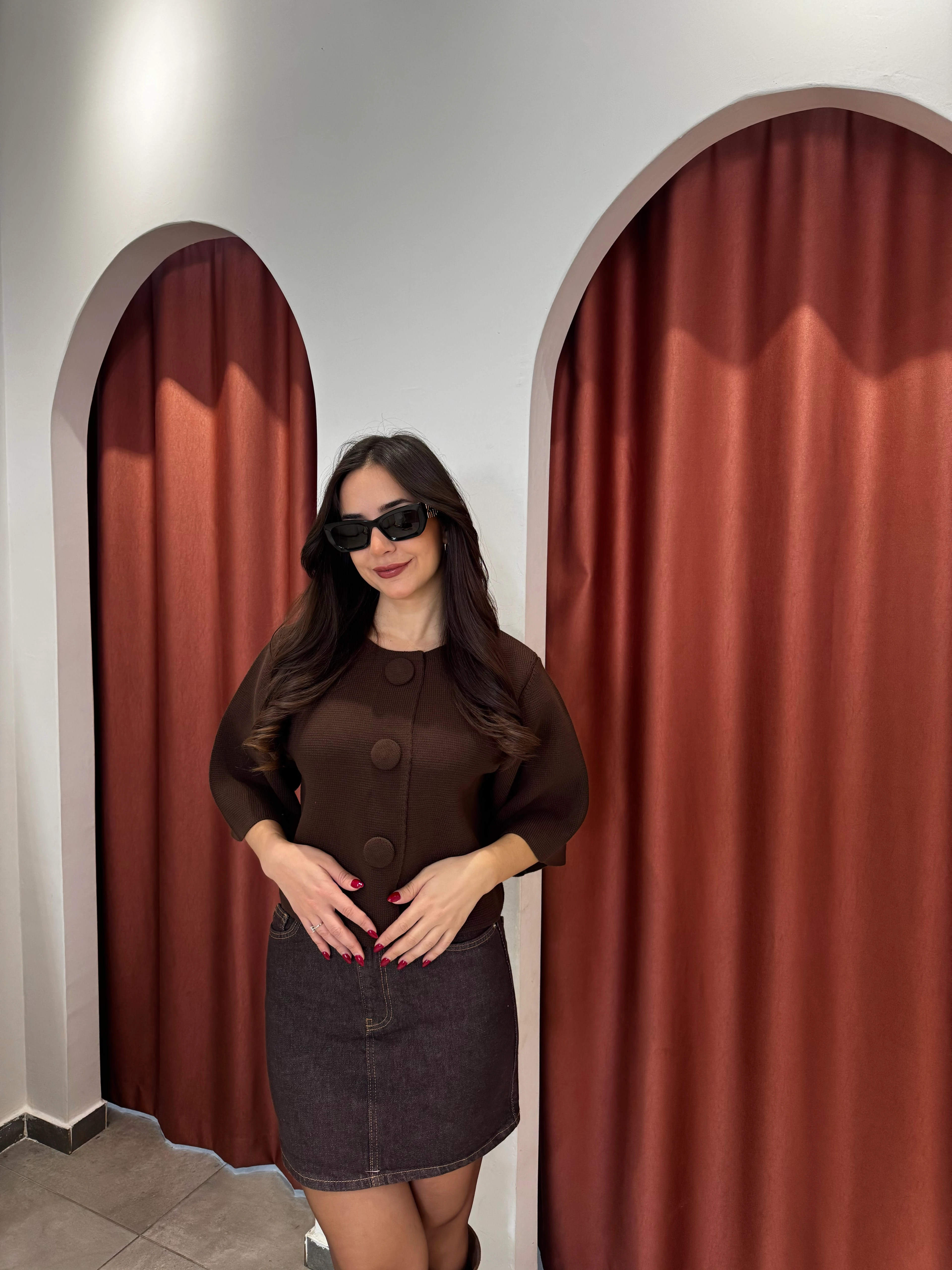 Kahverengi Denim Mini Etek