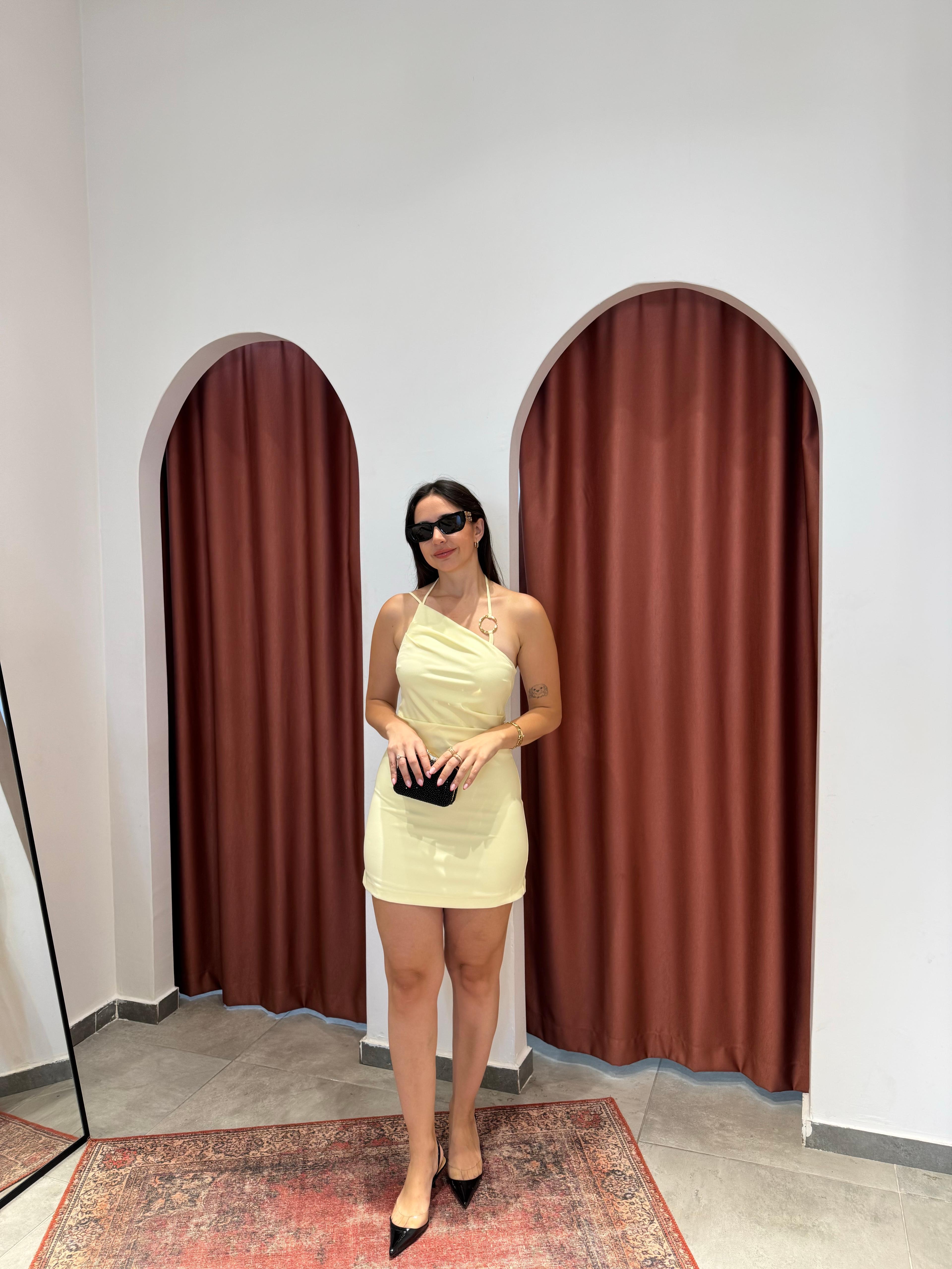 Cupro Mini Elbise Sarı image