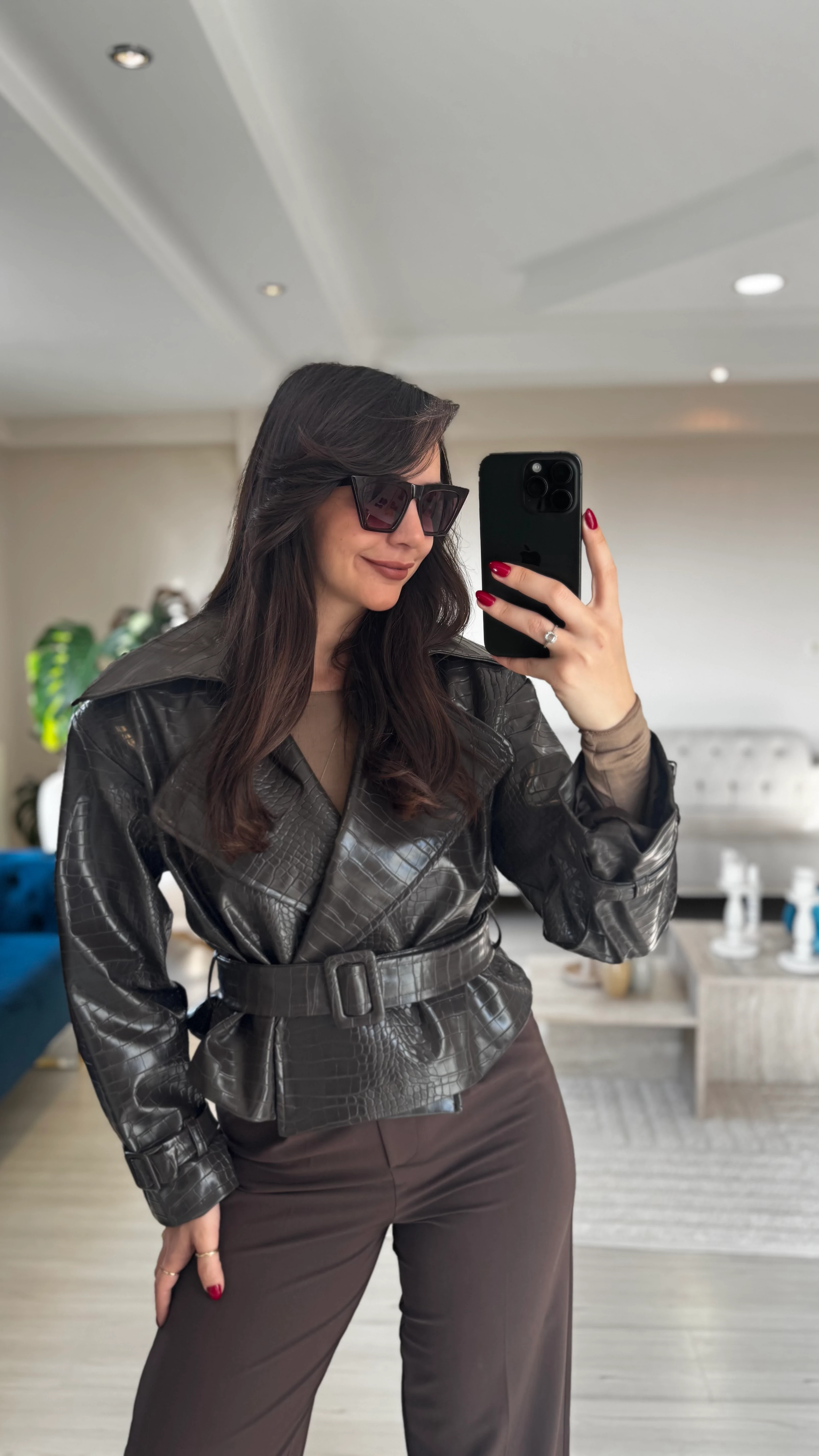 Kahve Kroko Deri Ceket