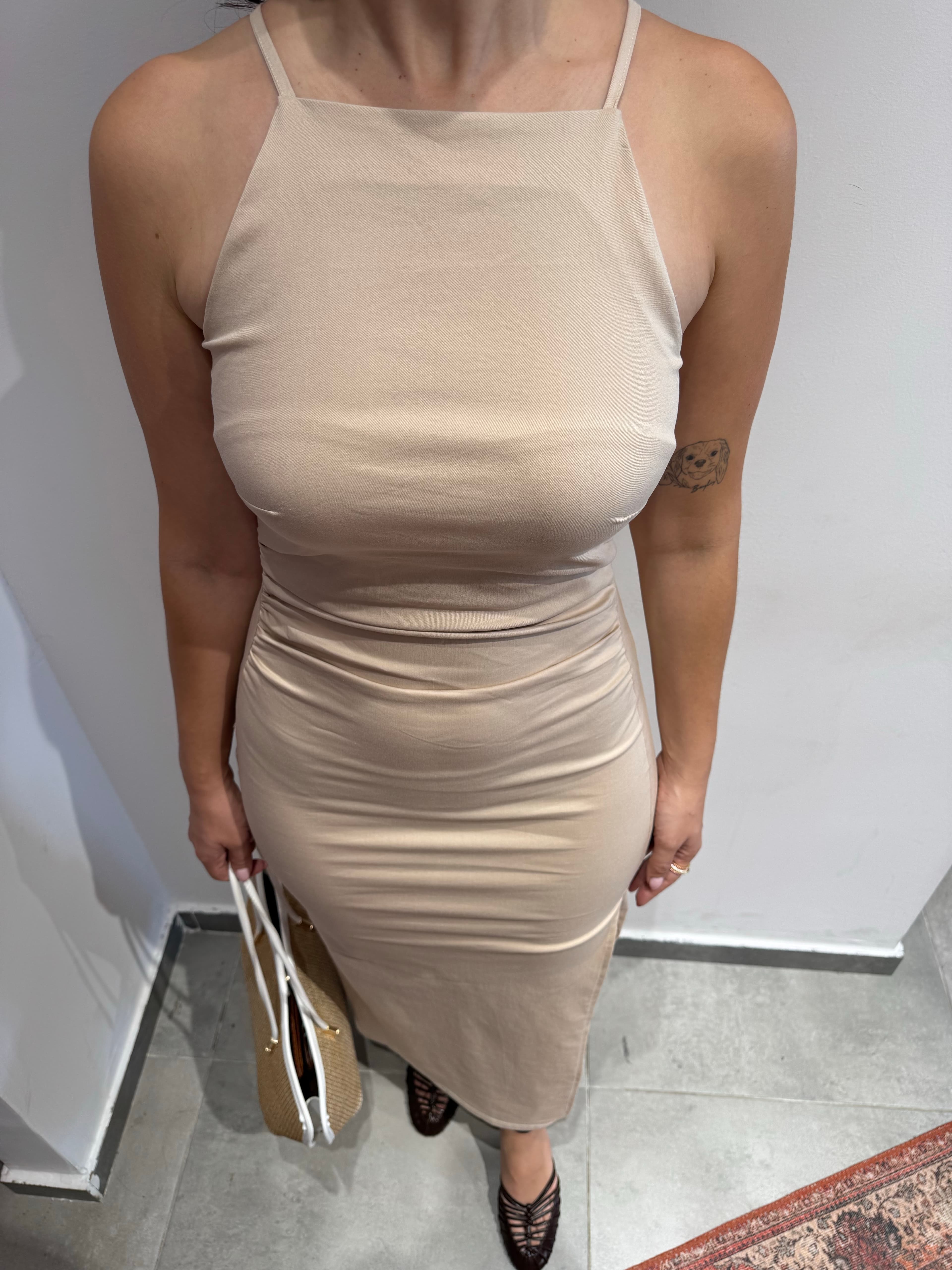 Halter Yaka Bej Midi Elbise