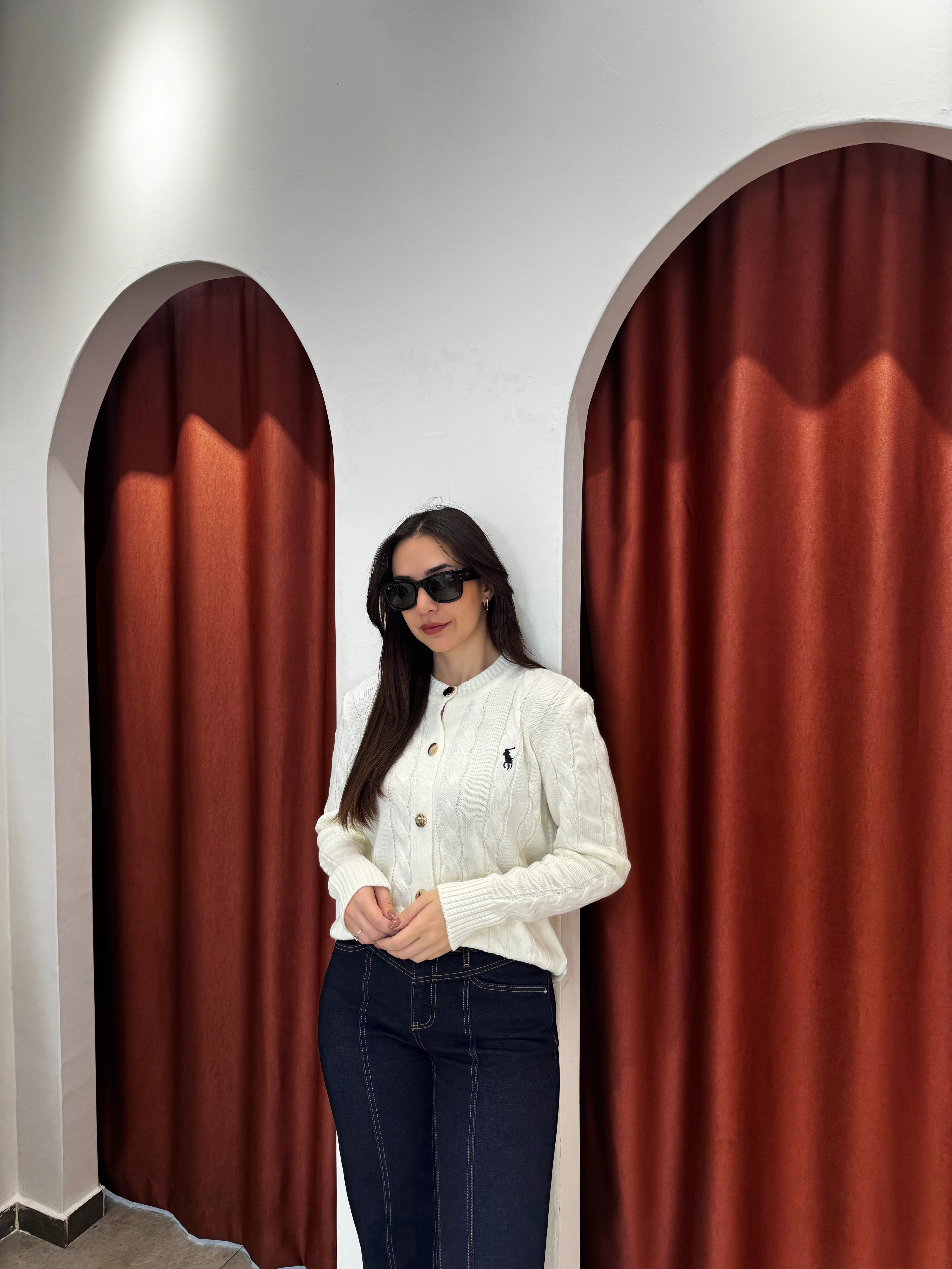 İthal Polo Düğme Detaylı Ekru Hırka