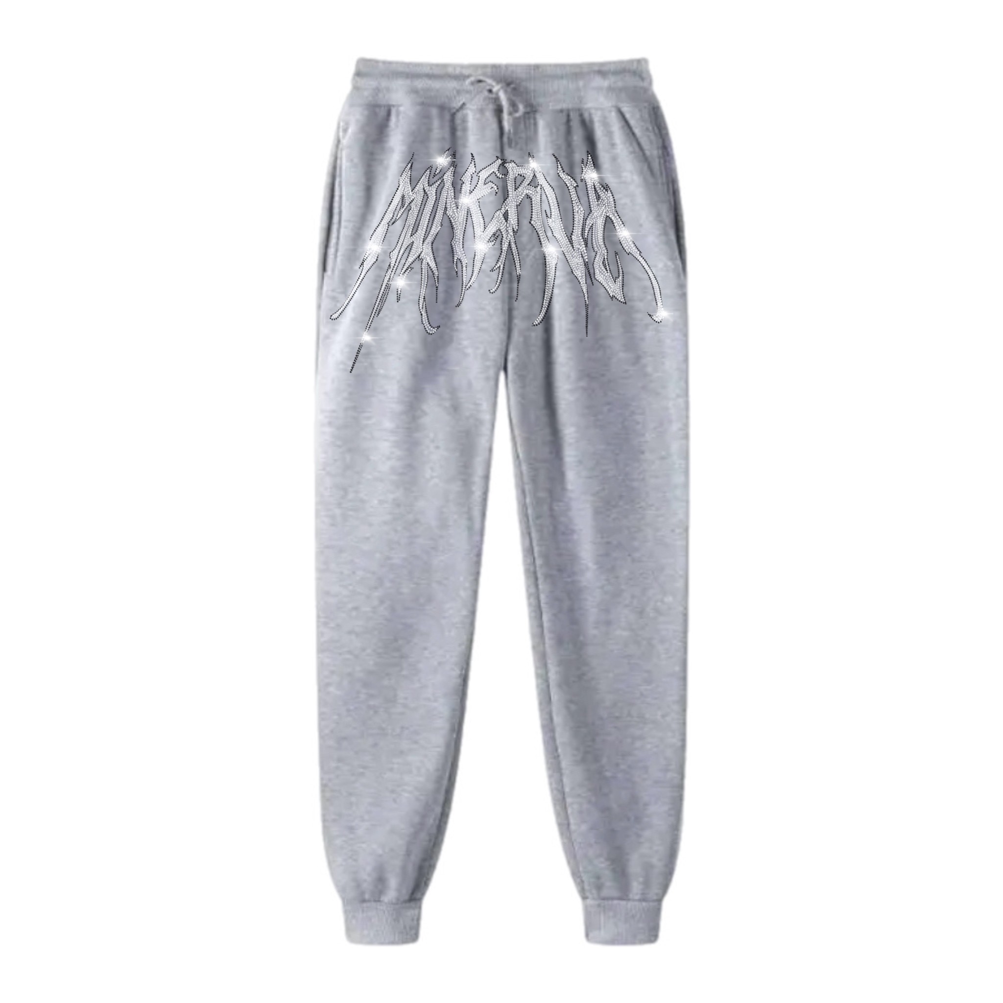 MINERVA rhinestone printed grey sweatpants