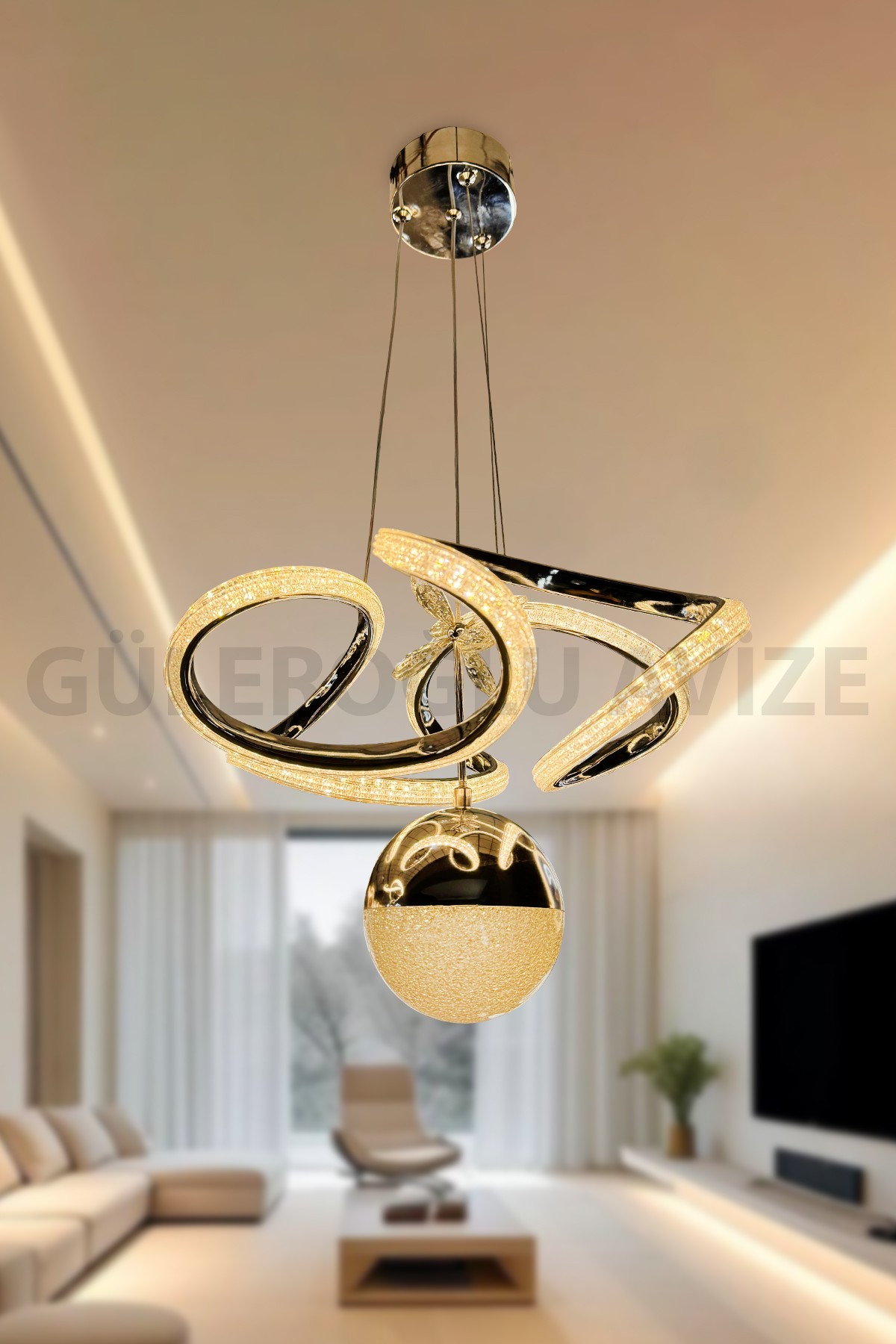 Elmas Parçacıklı Tek Top Dron Ledli Avize  - Gold