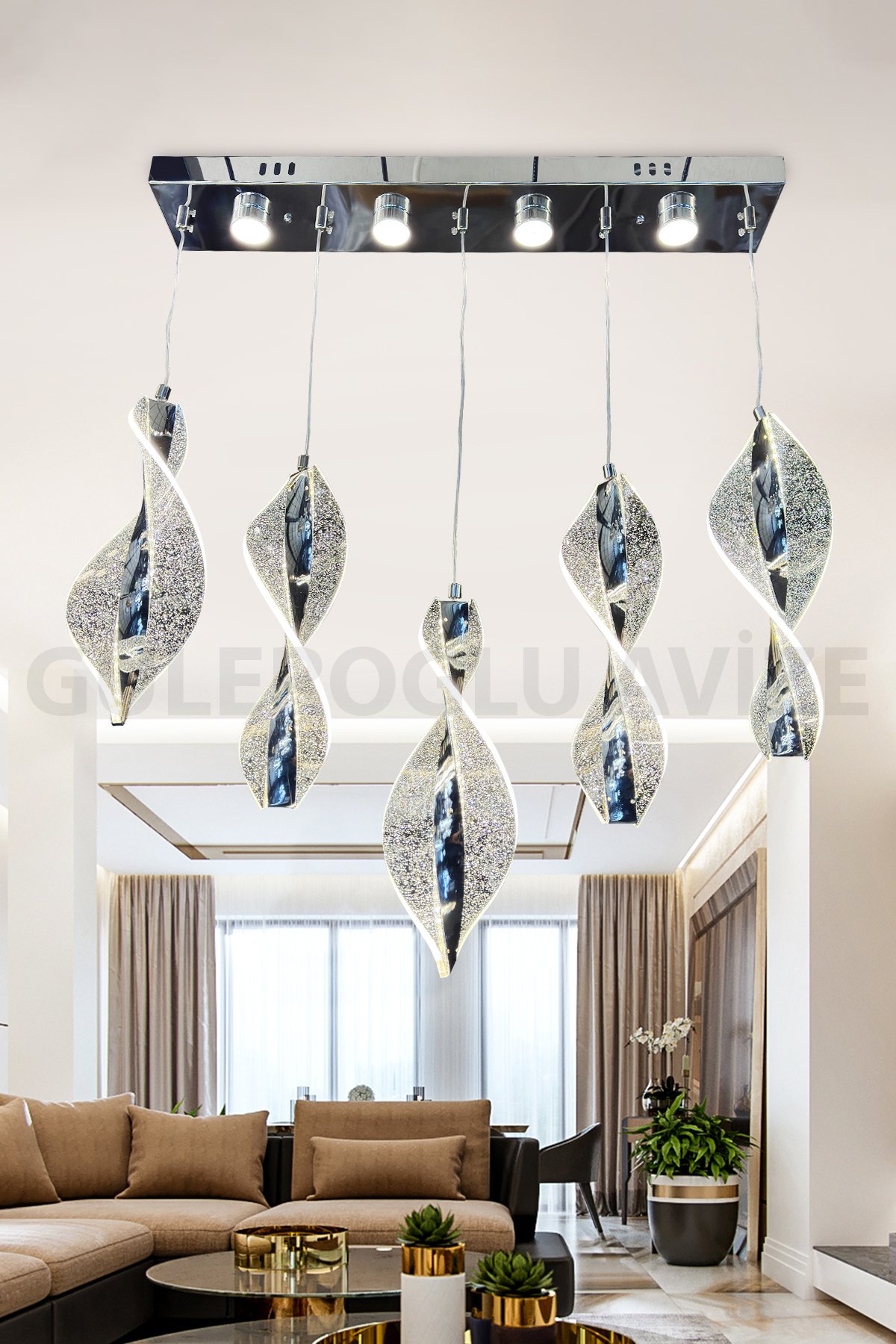 Modern 5 Li Mars Ledli Avize - Krom