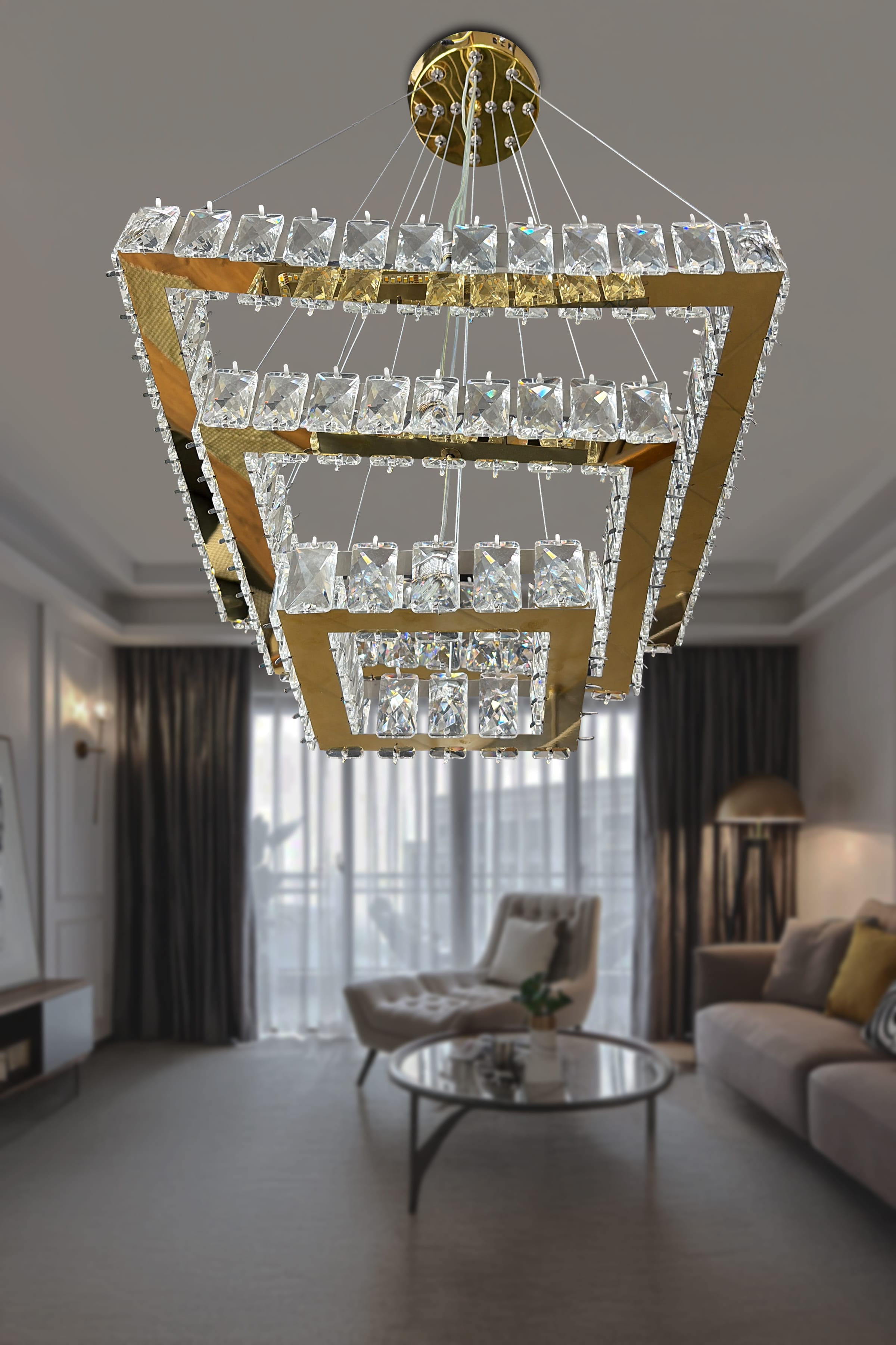 3 Katlı Kare Taşlı Modern Salon Sarkıt Led Avize - Gold