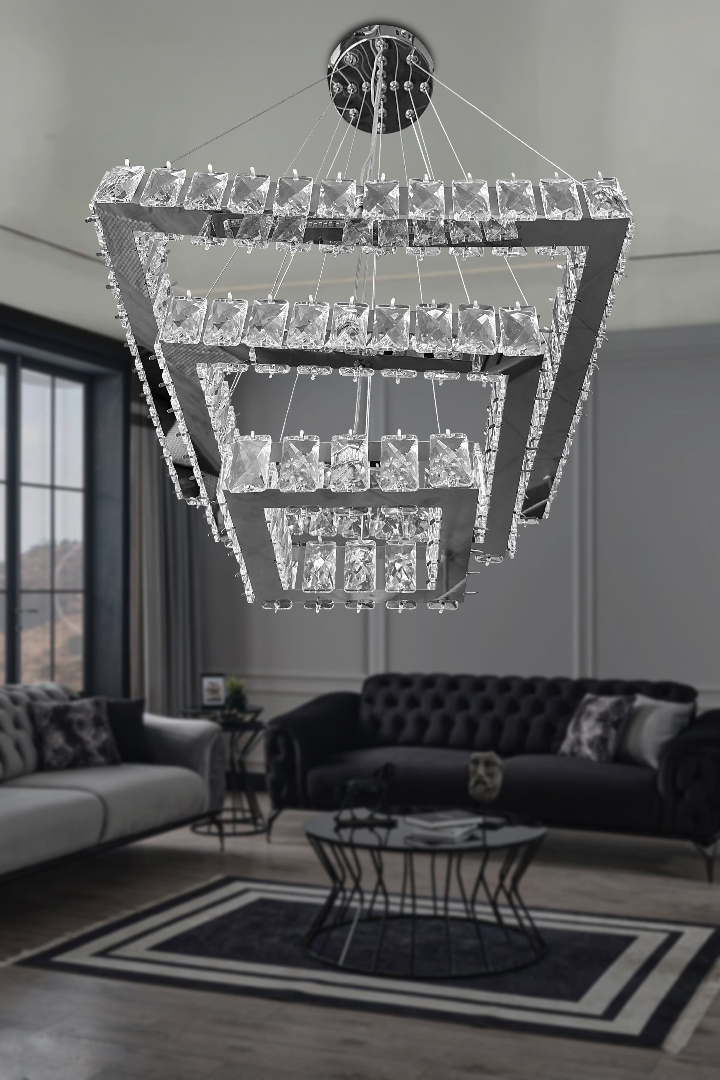 3 Katlı Kare Taşlı Modern Salon Sarkıt Led Avize - Krom