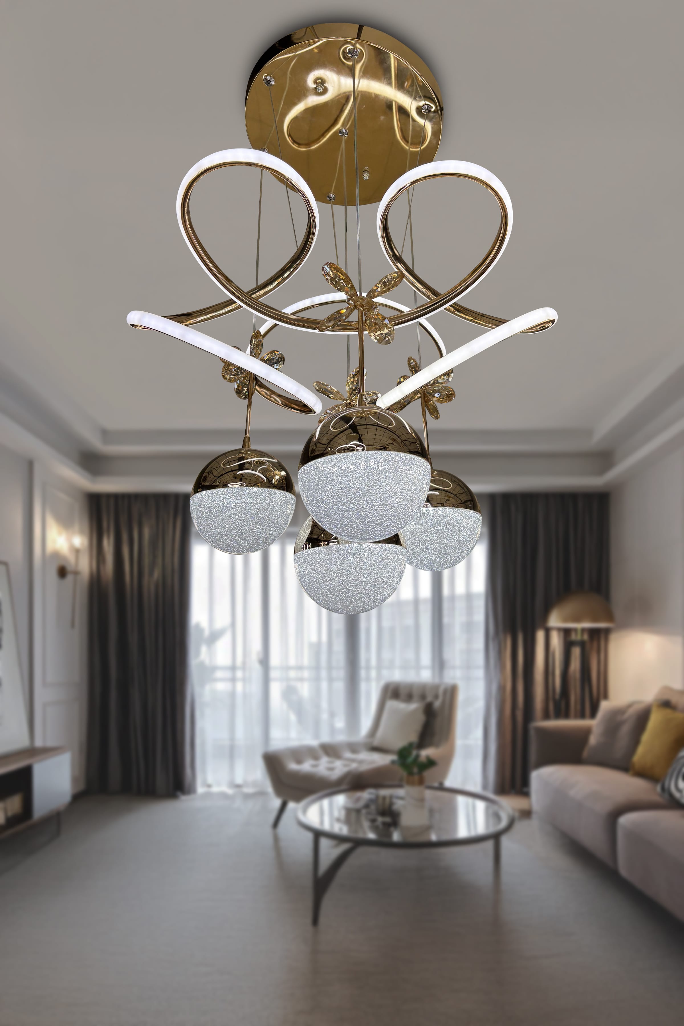 3 Kol Dron Kumandalı Ledli Avize - Gold