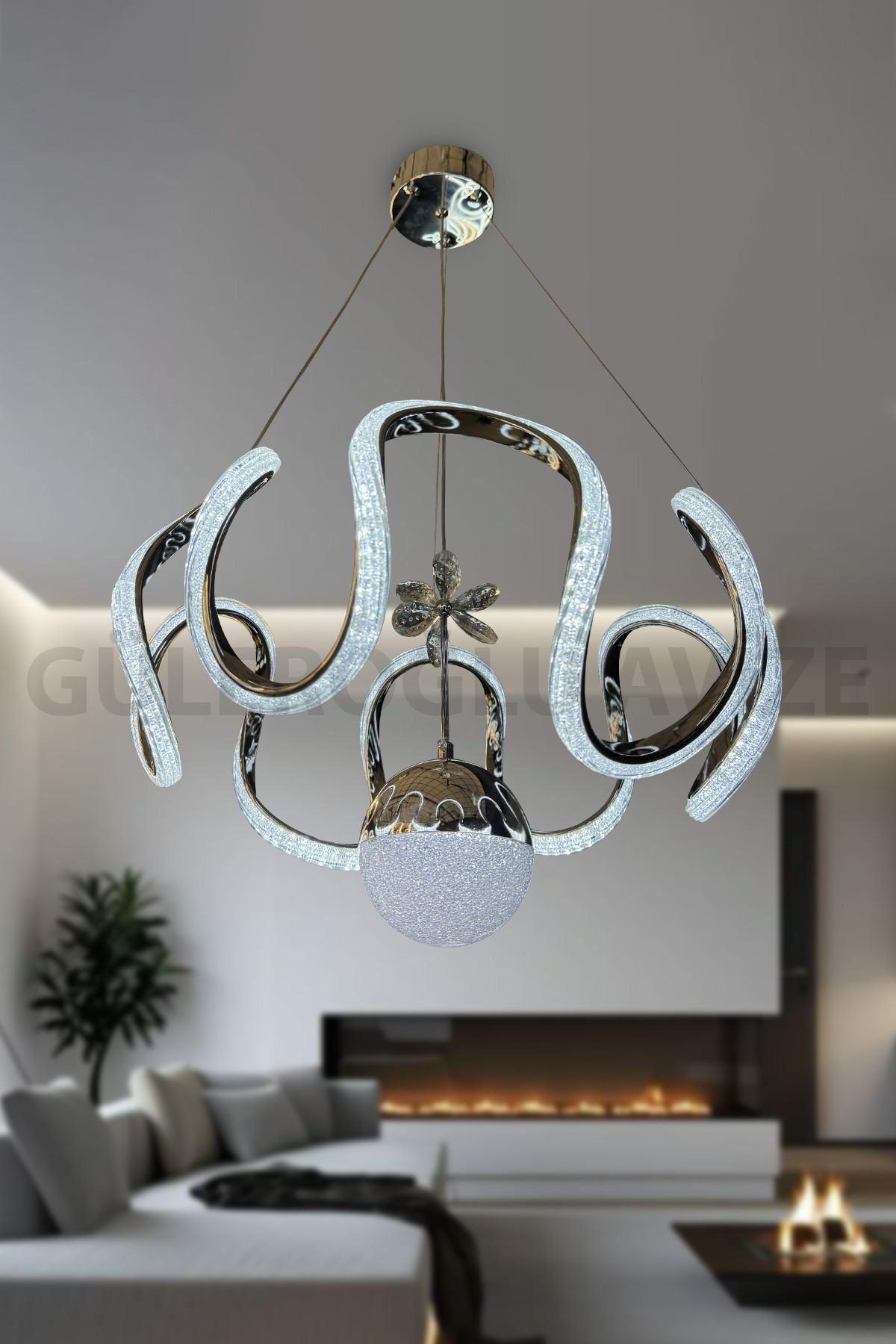 Modern Sarkıt Tek Top Elmas Parçacıklı Arya Led Avize - Krom