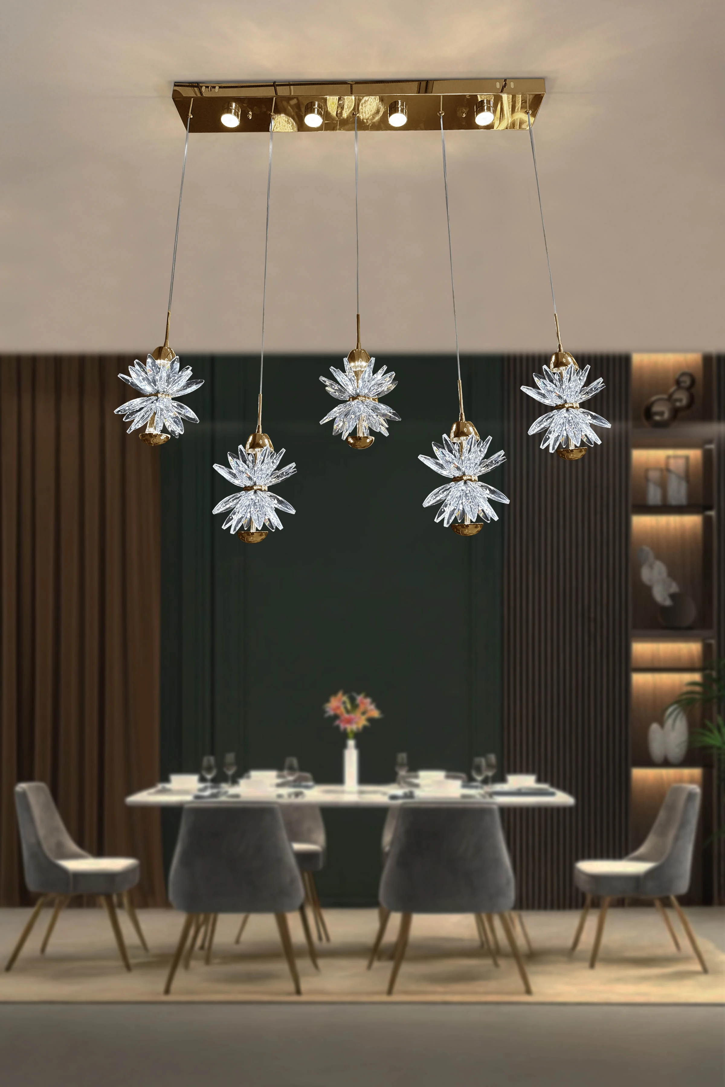 CRYSTAL STAR 5 Li Sıralı Ledli Avize - Gold