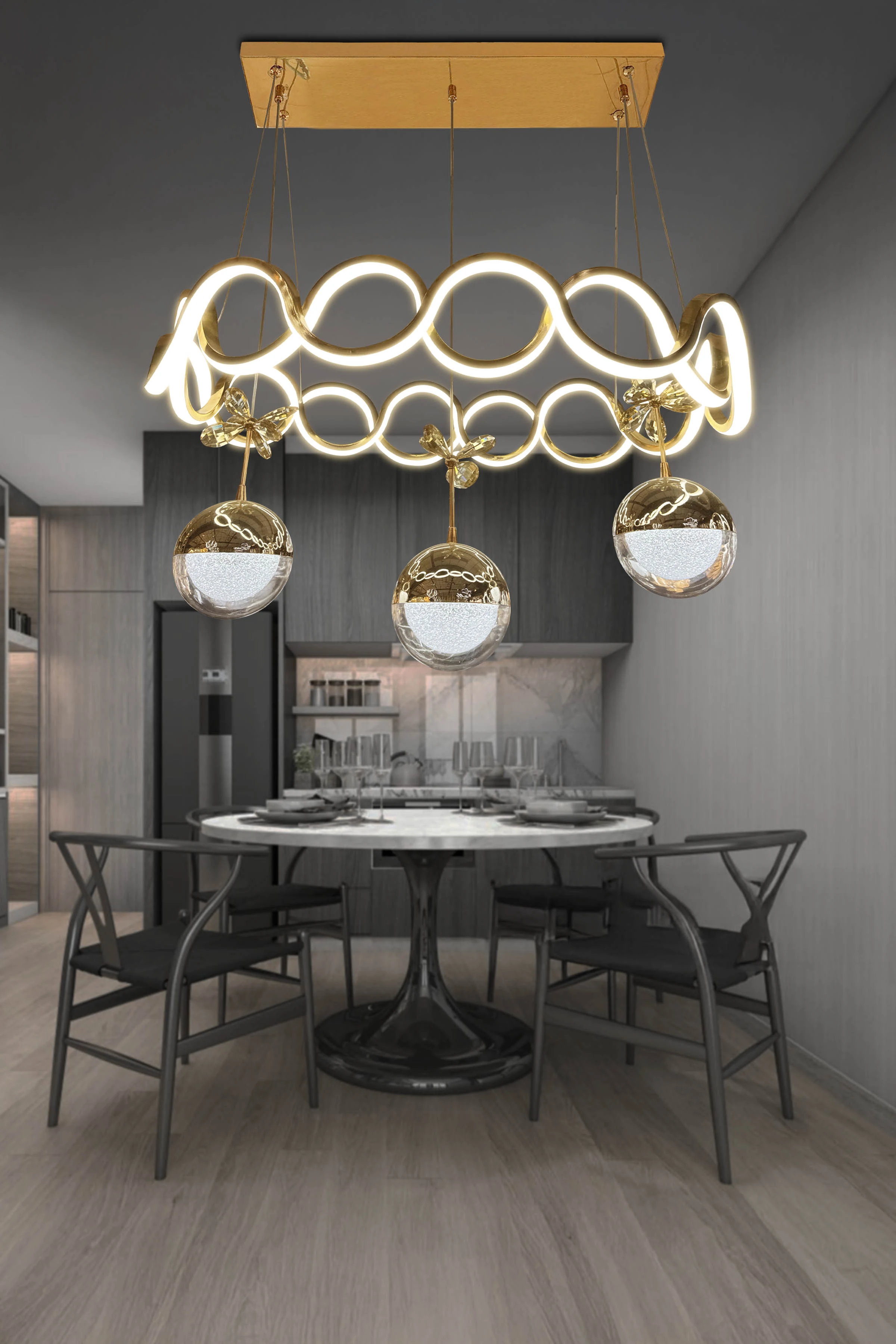 İthal Kuzey Küre Top Drift 3 Top Ledli Avize - Gold