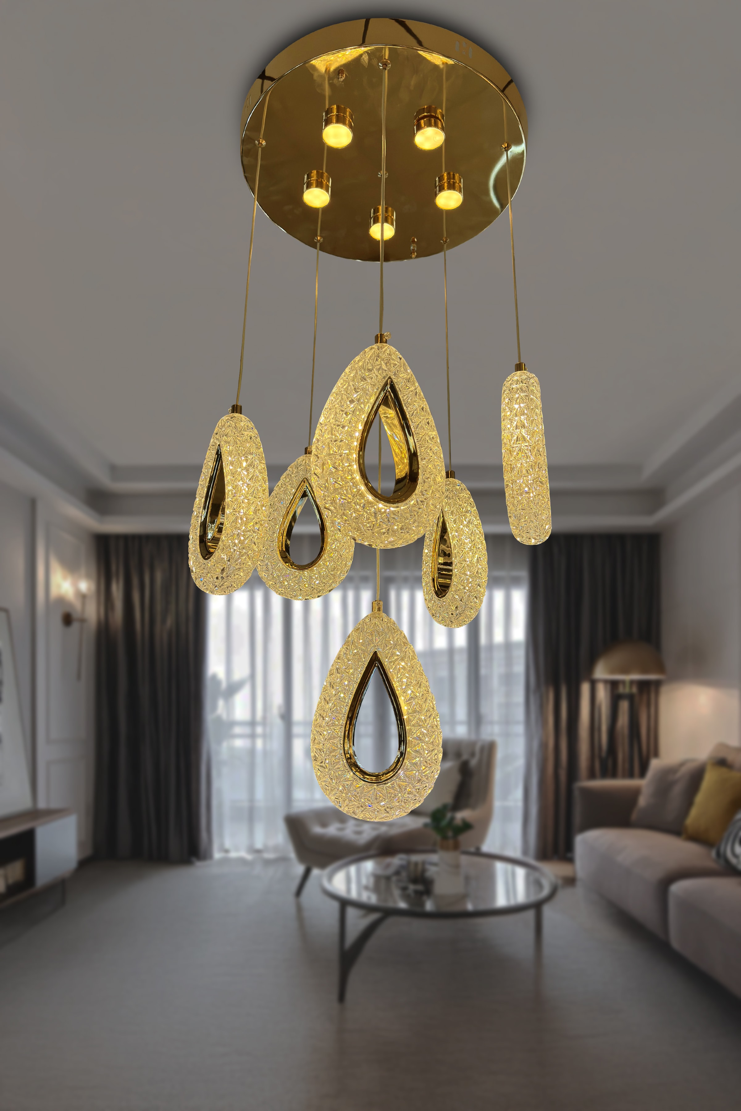 6'Lı Damla Ledli Kumandalı Salon Avizesi  - Gold