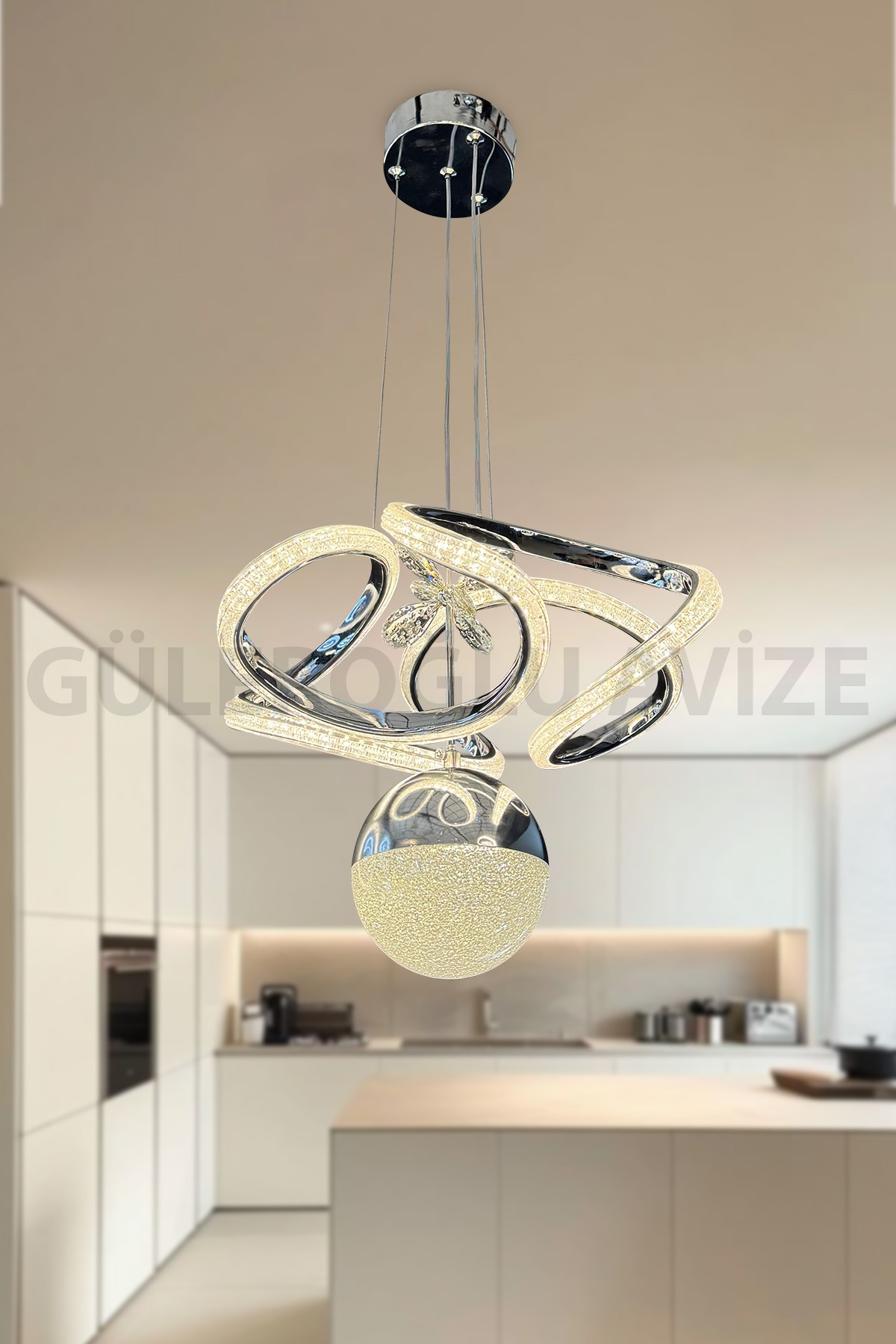 Elmas Parçacıklı Tek Top Dron Ledli Avize  - Krom