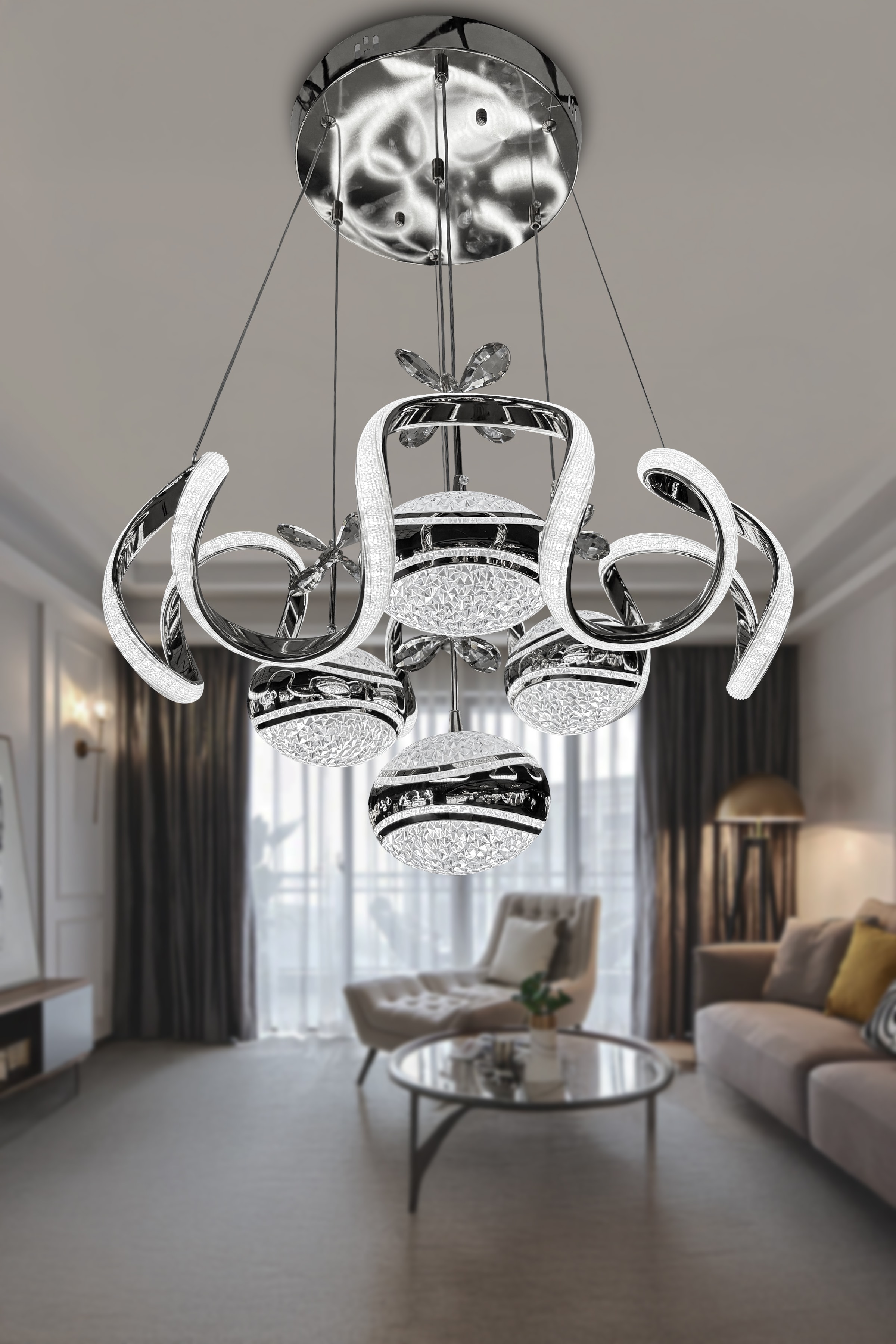 Ecrin İthal Akrilik Silikon 4 Top Salon Moder Led Avize - Krom