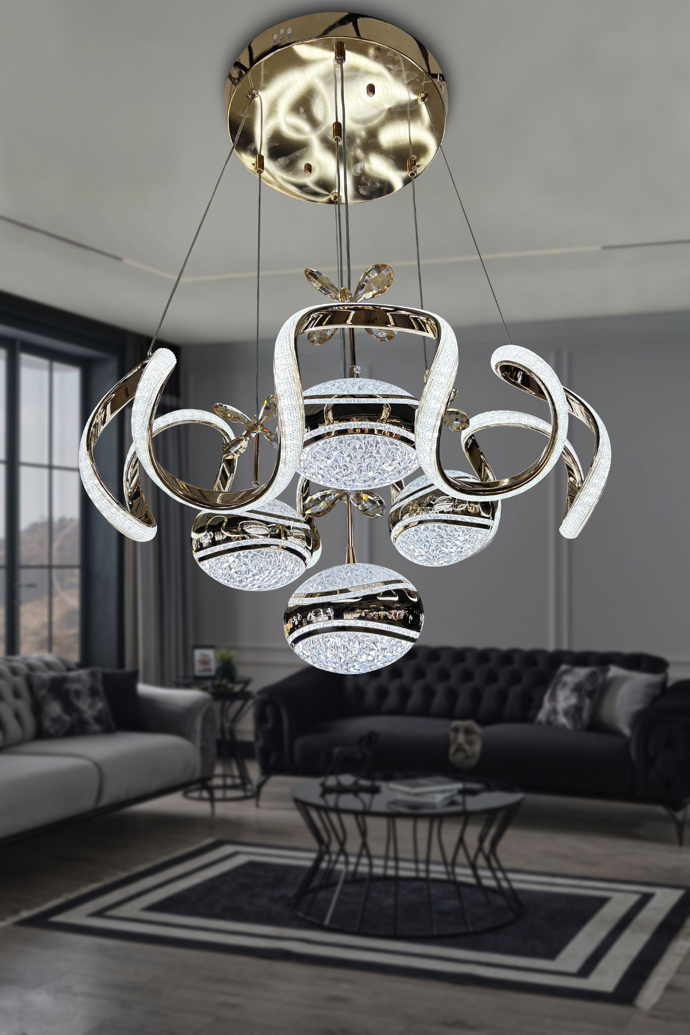 Ecrin İthal Akrilik Silikon 4 Top Salon Moder Led Avize - Gold