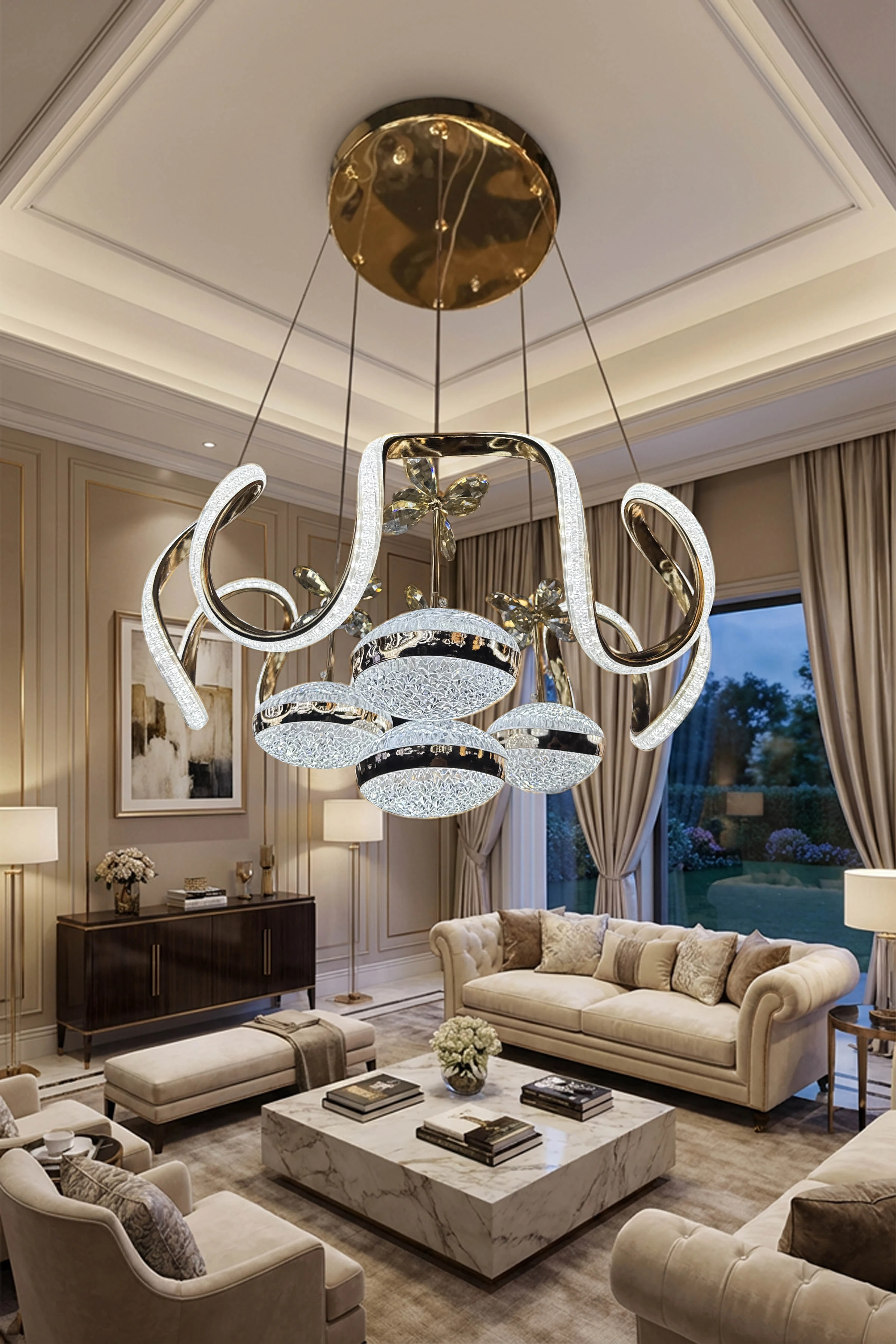 Arya Luna Top Simli Kumandalı Ledli Avize  - Gold