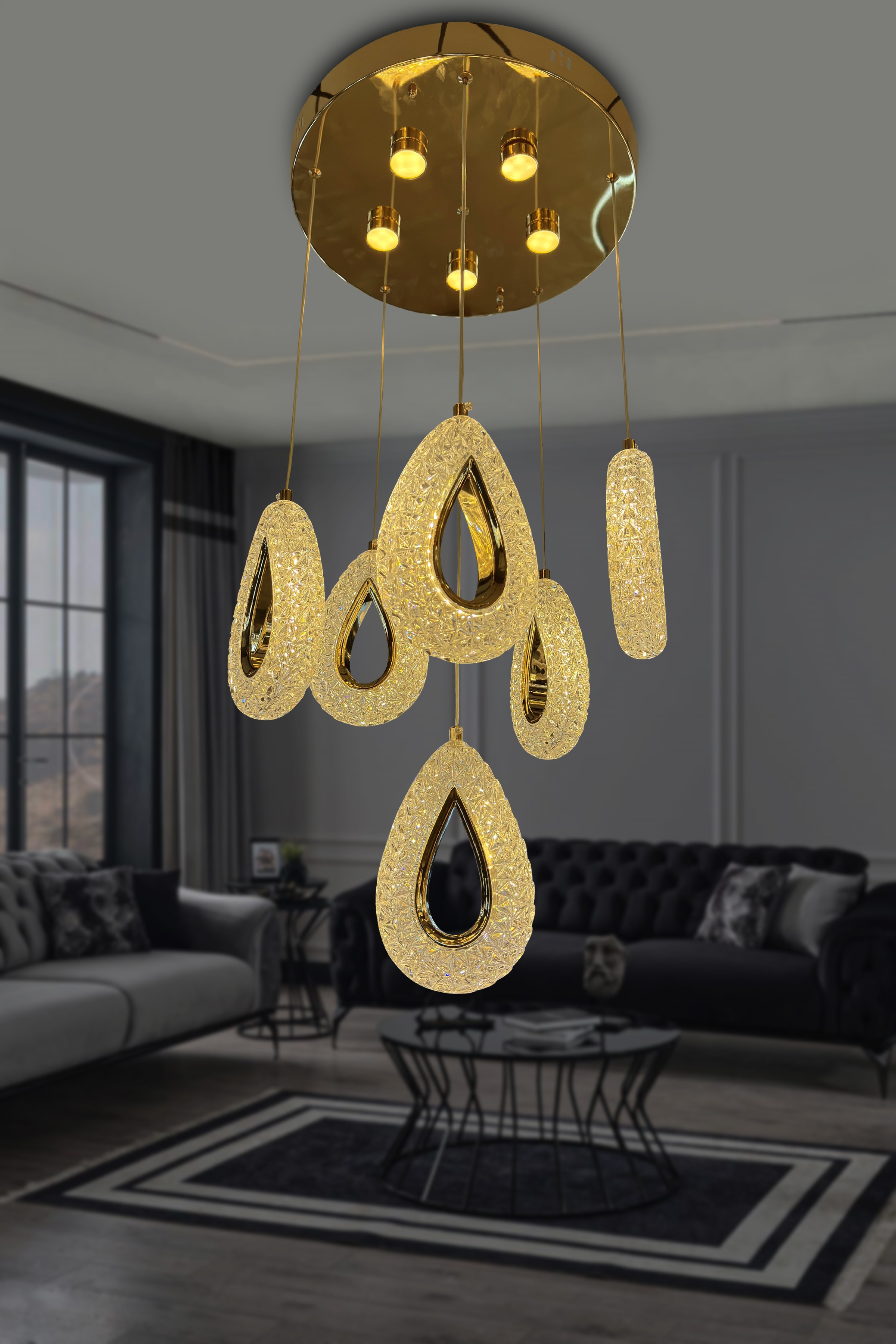 6'Lı Damla Ledli Kumandalı Salon Avizesi 