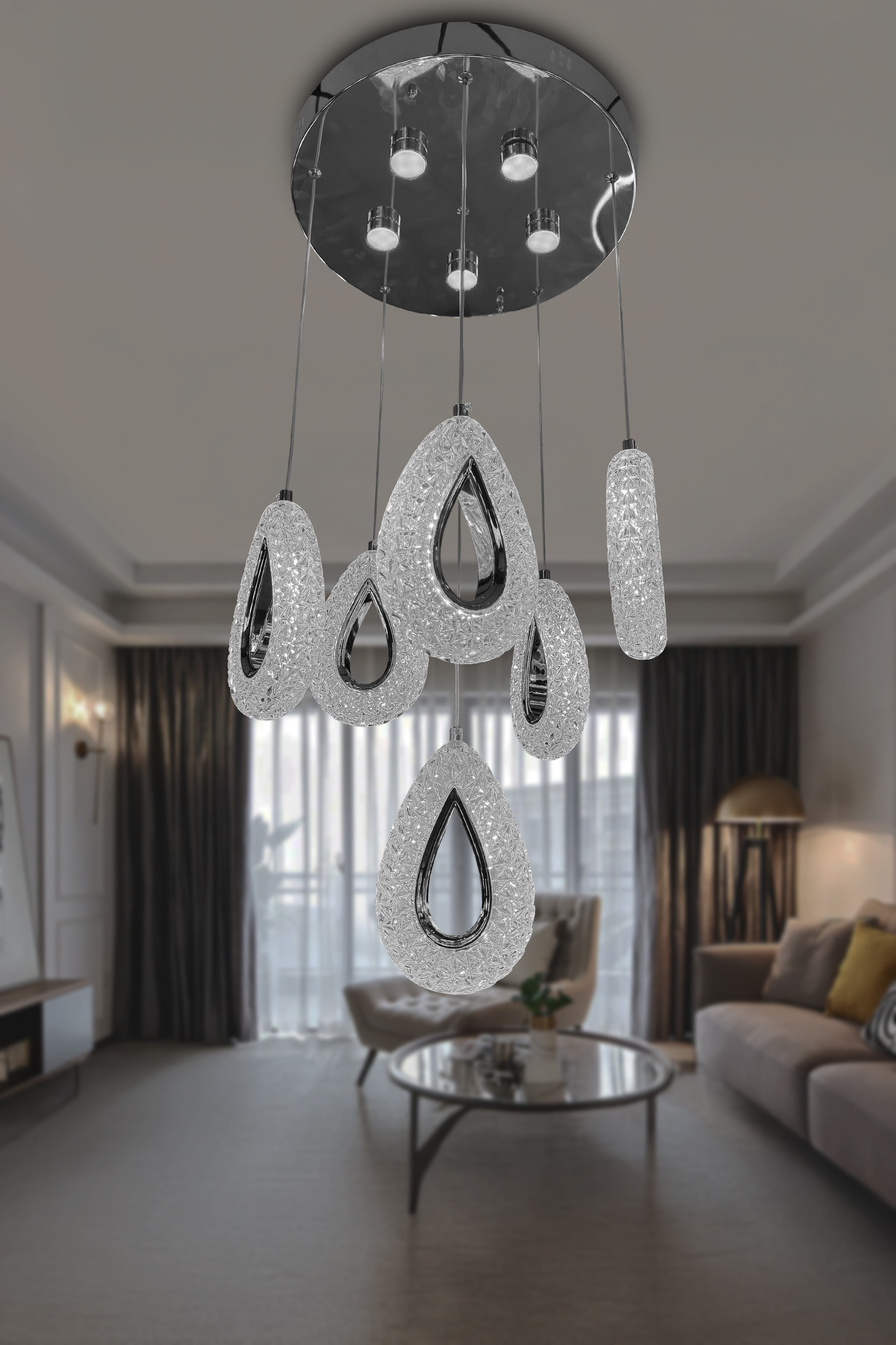 6'Lı Damla Ledli Kumandalı Salon Avizesi  - Krom