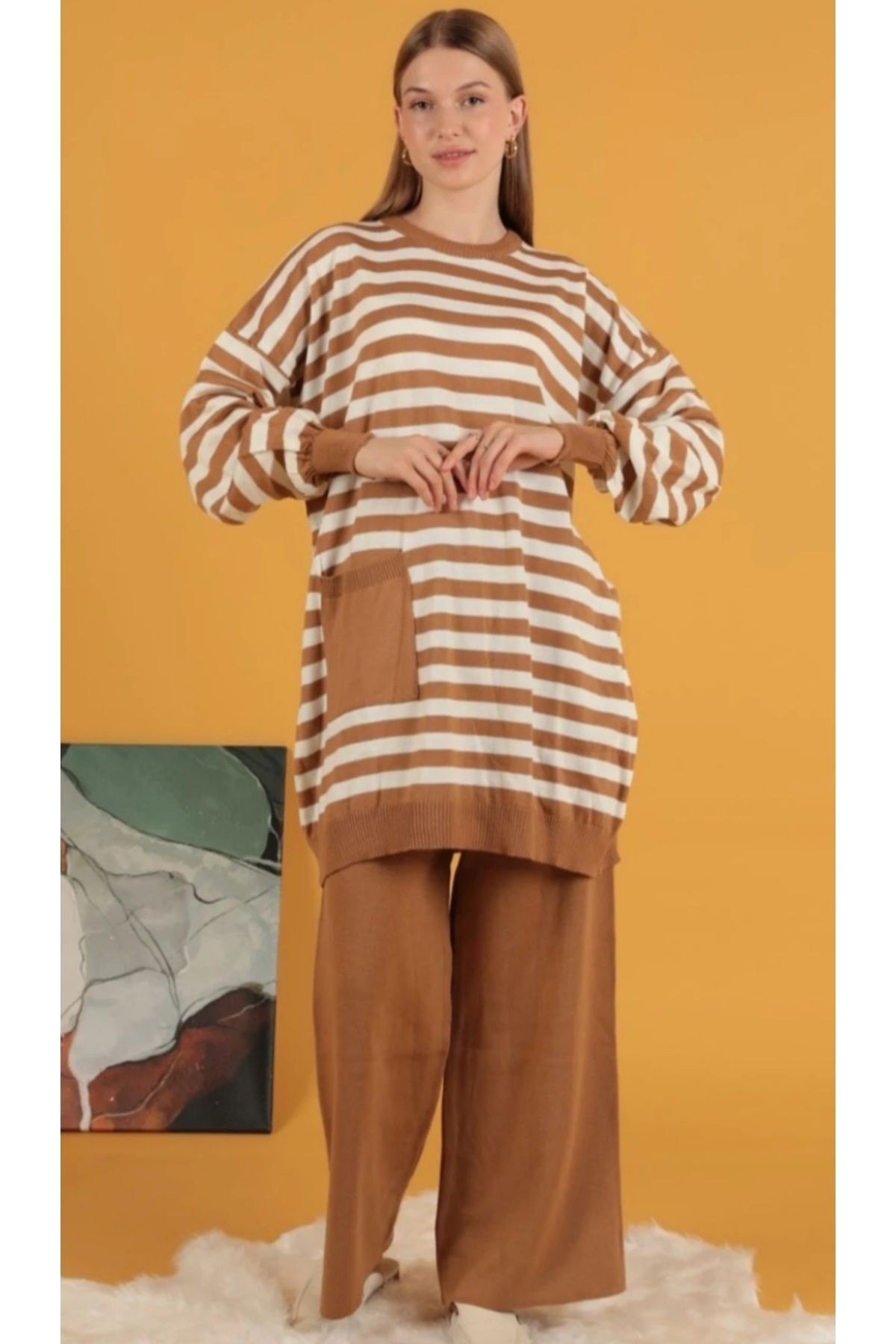 Cep detaylı çizgili tunik -Camel
