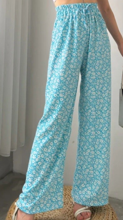 Beli lastikli bürümcük kumaş palazzo pantolon-Mavi