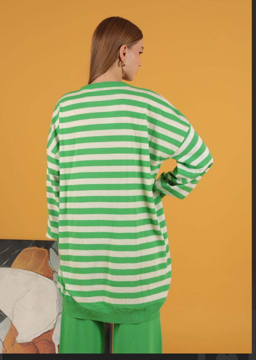Çizgili triko tunik- Standart beden-Yeşil