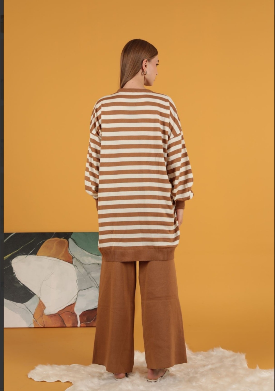 Çizgili triko tunik -Standart beden -Camel