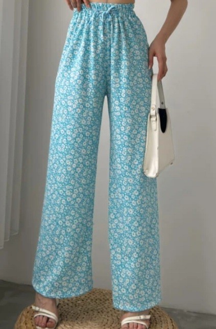 Beli lastikli bürümcük kumaş palazzo pantolon-Mavi