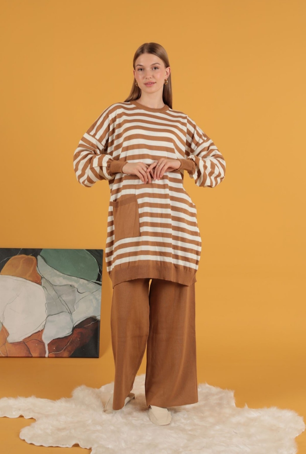 Çizgili triko tunik -Standart beden -Camel