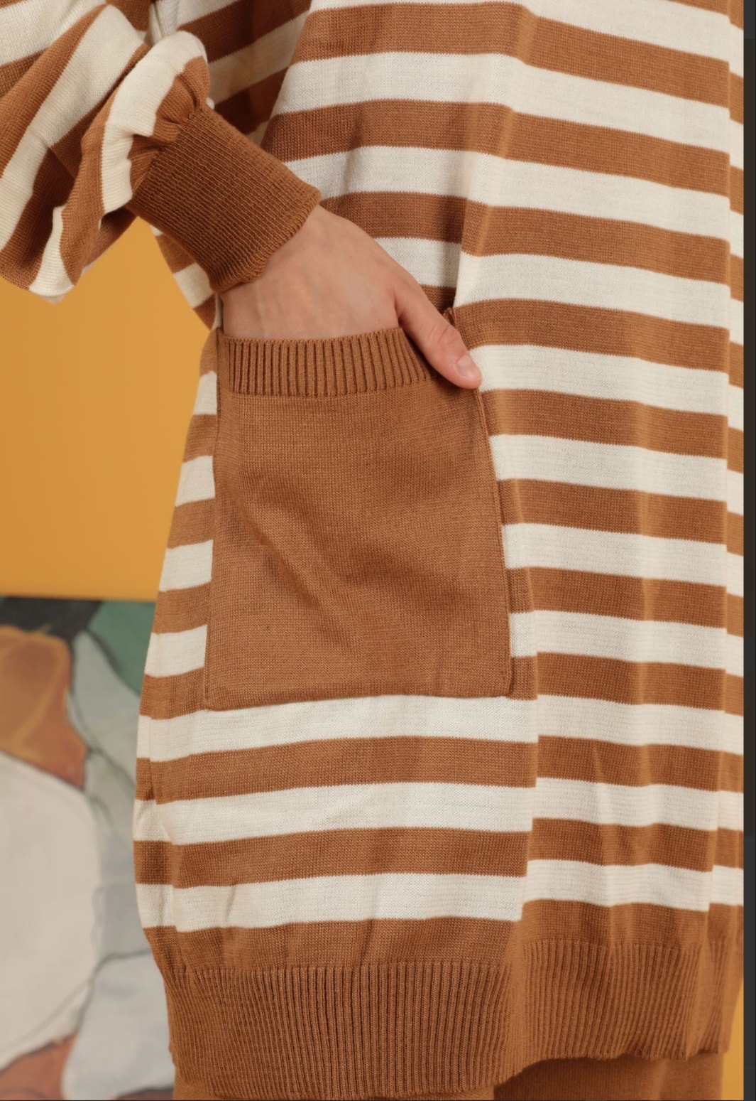 Çizgili triko tunik -Standart beden -Camel
