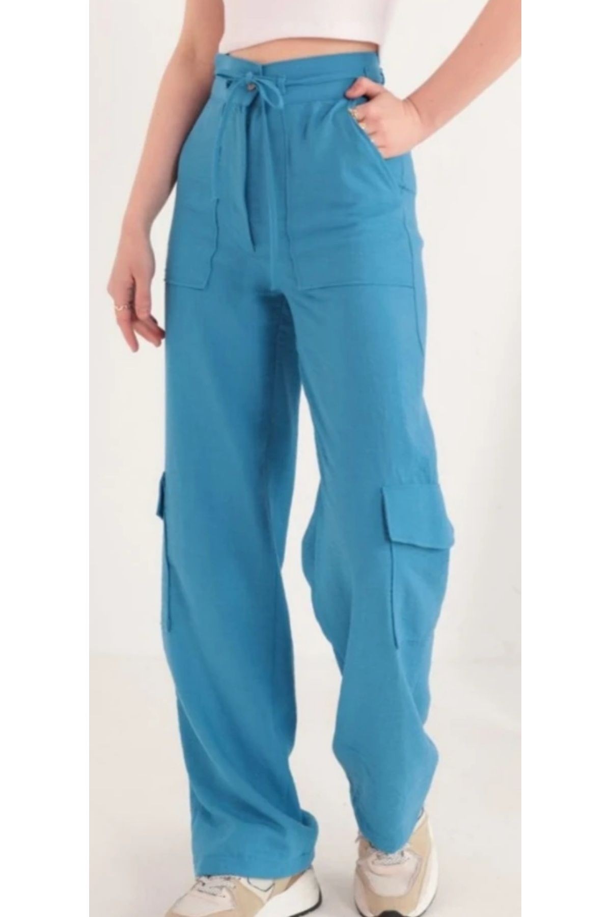 Kargo cepli keten pantolon -Mavi