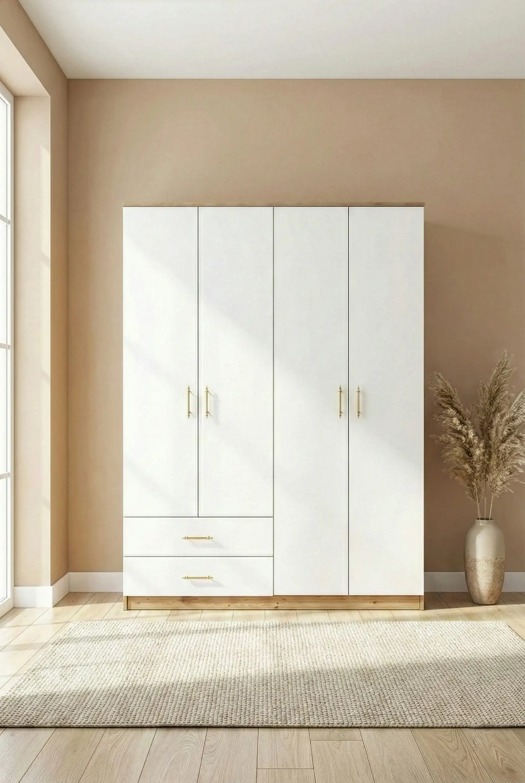 İndeppo - Loft 4 Kapaklı 2 Çekmeceli Gardırop (120 Cm Ceviz - Beyaz)