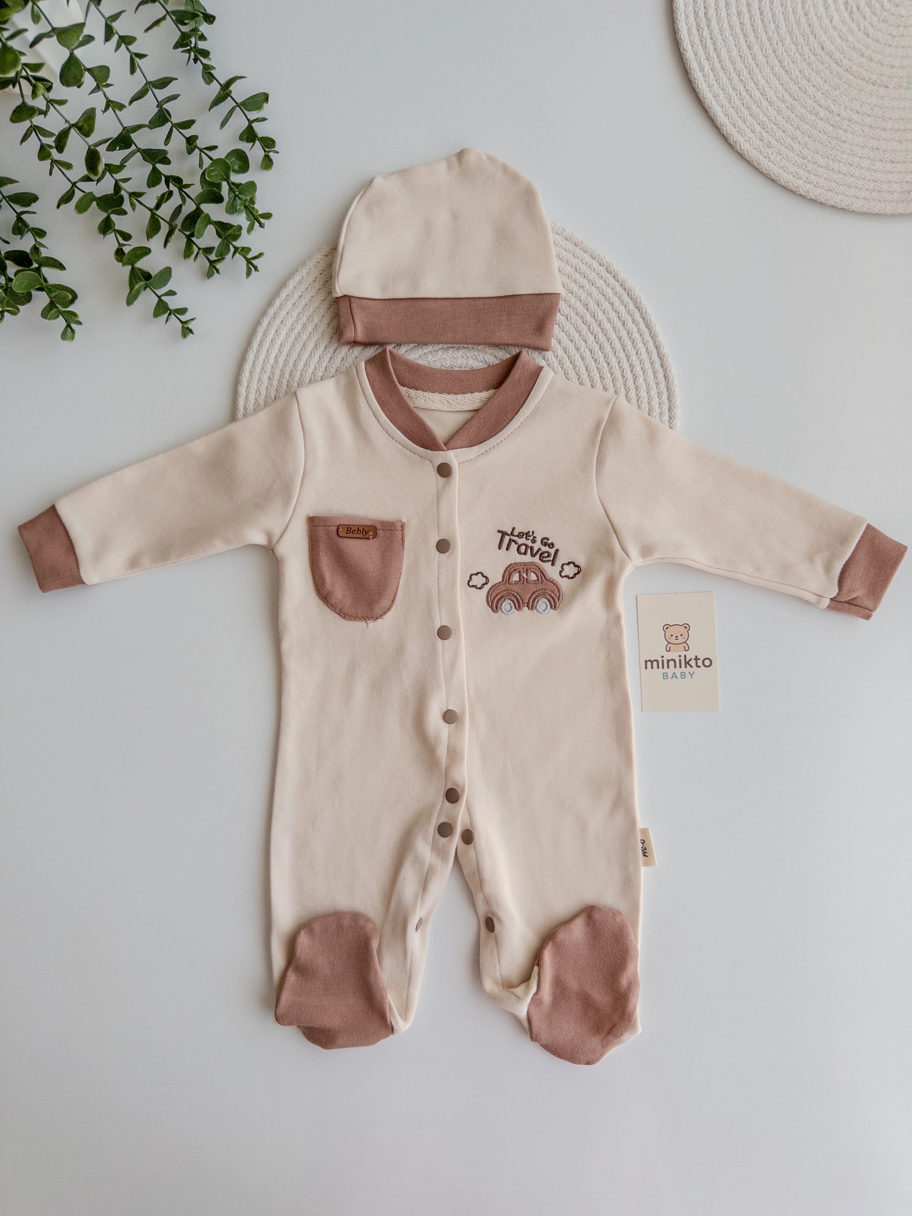 Erkek Bebek %100 Pamuk 0-3 Ay Seyahat Temalı Şapkalı Tulum