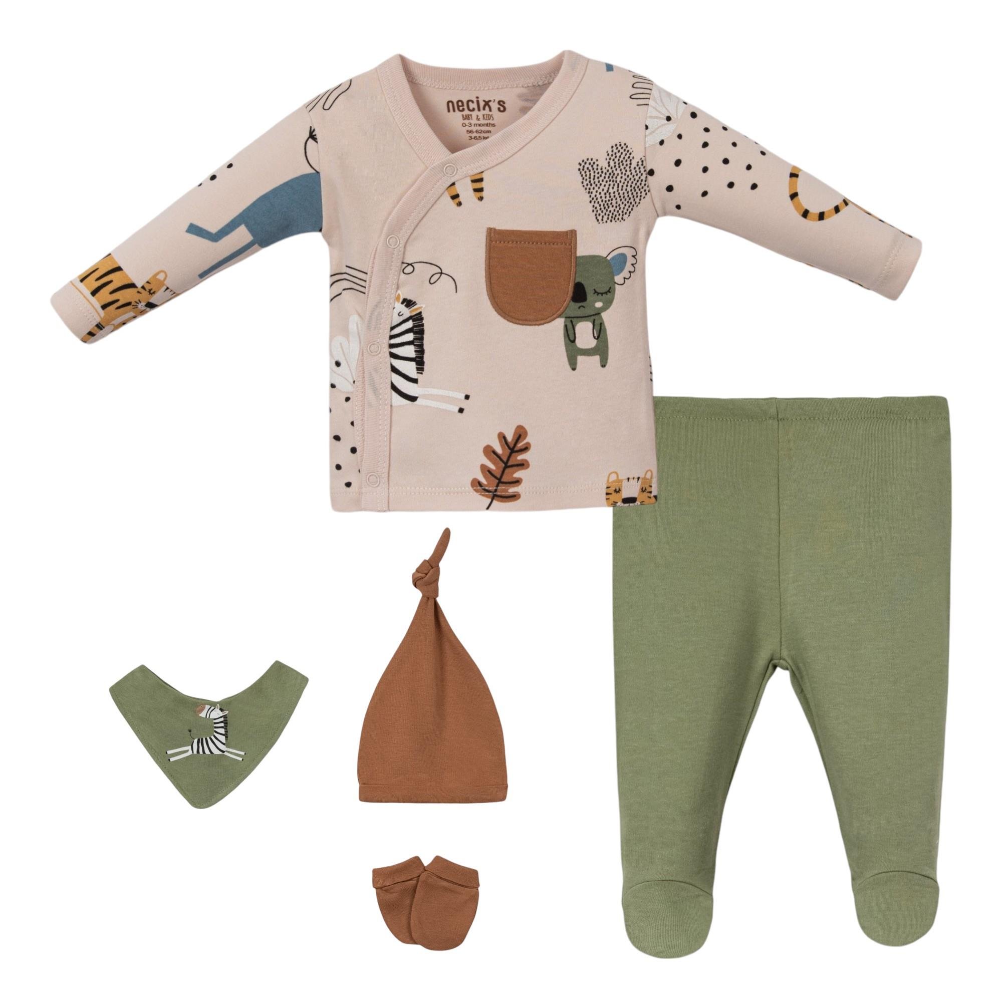 Erkek Bebek %100 Pamuk Safari Premium 0-3 Ay (Yenidoğan) 5'li Hastane Çıkış Seti