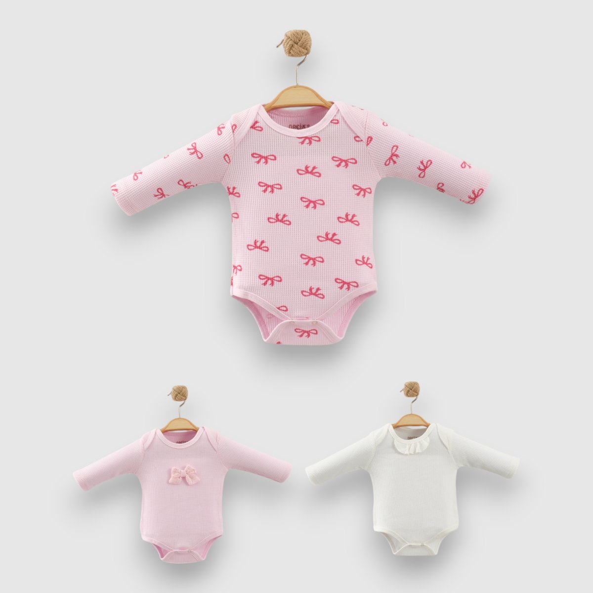 Kız Bebek Premium %100 Pamuk Fiyonk Desenli 3'lü Body Set