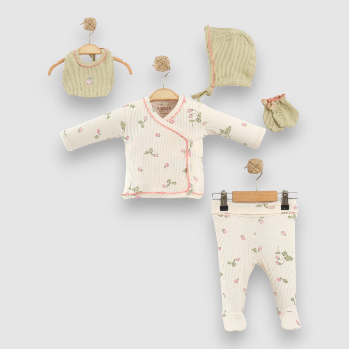 Kız Bebek %100 Pamuk Ahududu Desenli Premium 0-3 Ay (Yenidoğan) 5'li Hastane Çıkış Seti