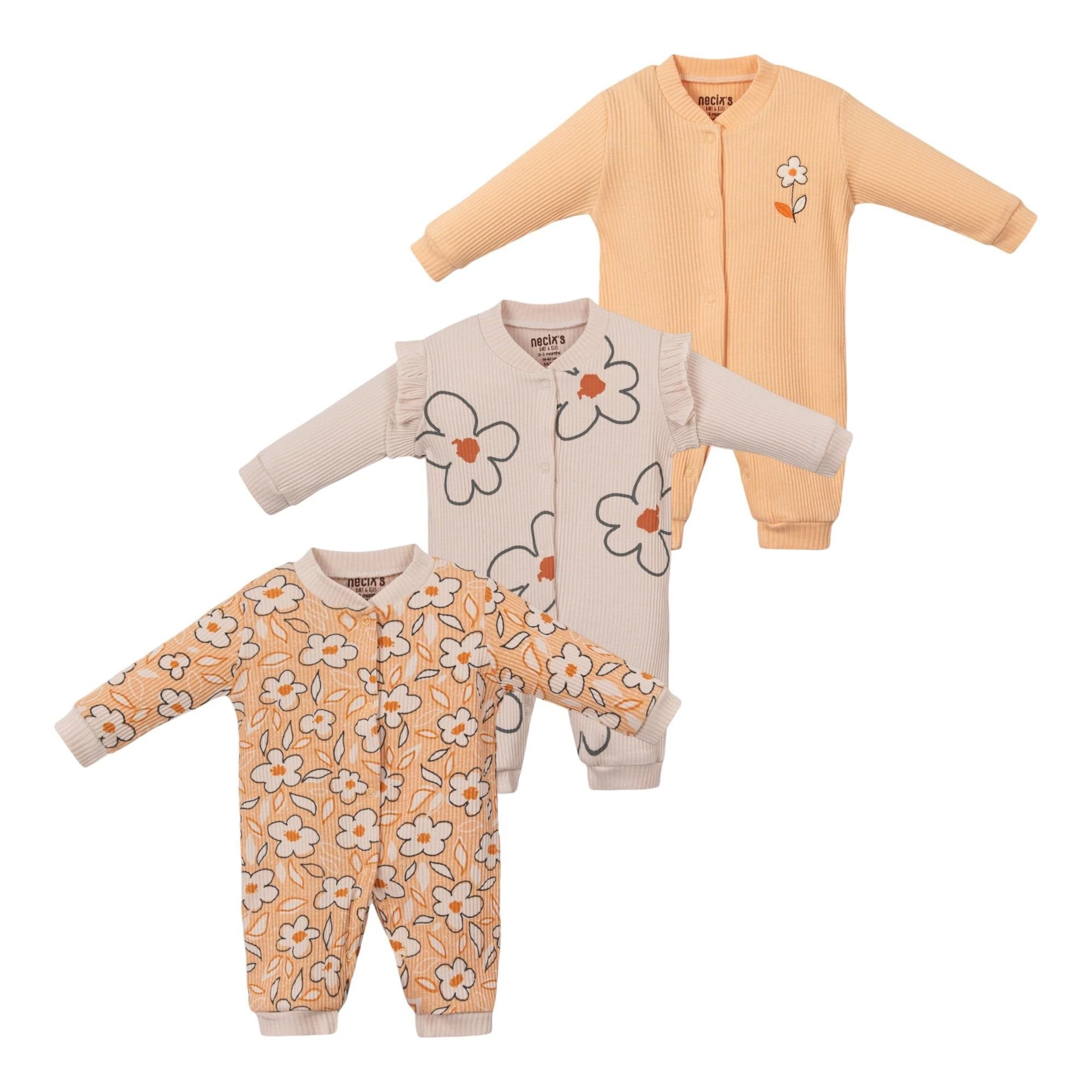 Kız Bebek Çiçek Baskılı 3'lü Tulum Set