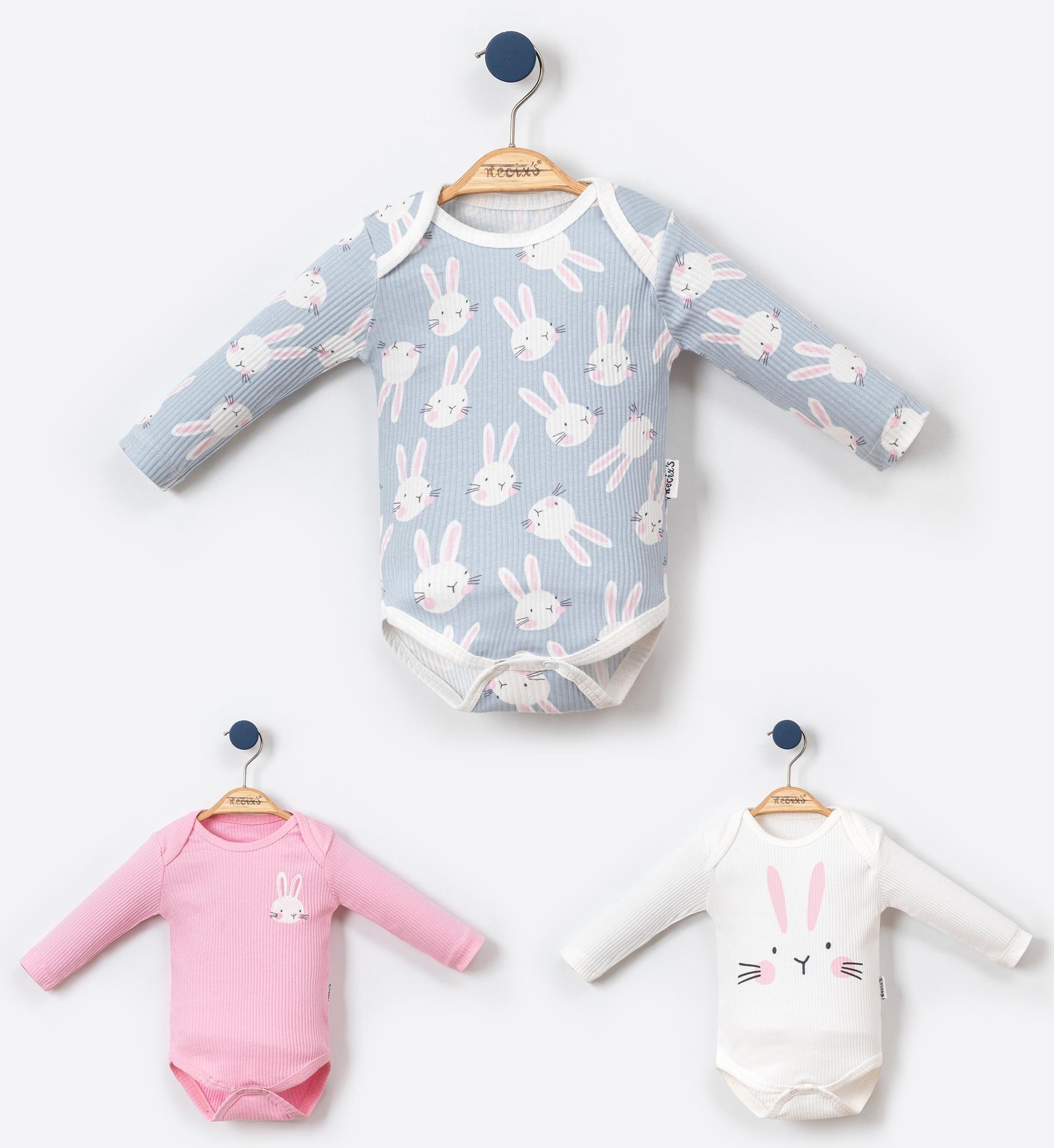 Kız Bebek Premium %100 Pamuk Tavşanlı 3'lü Body Set