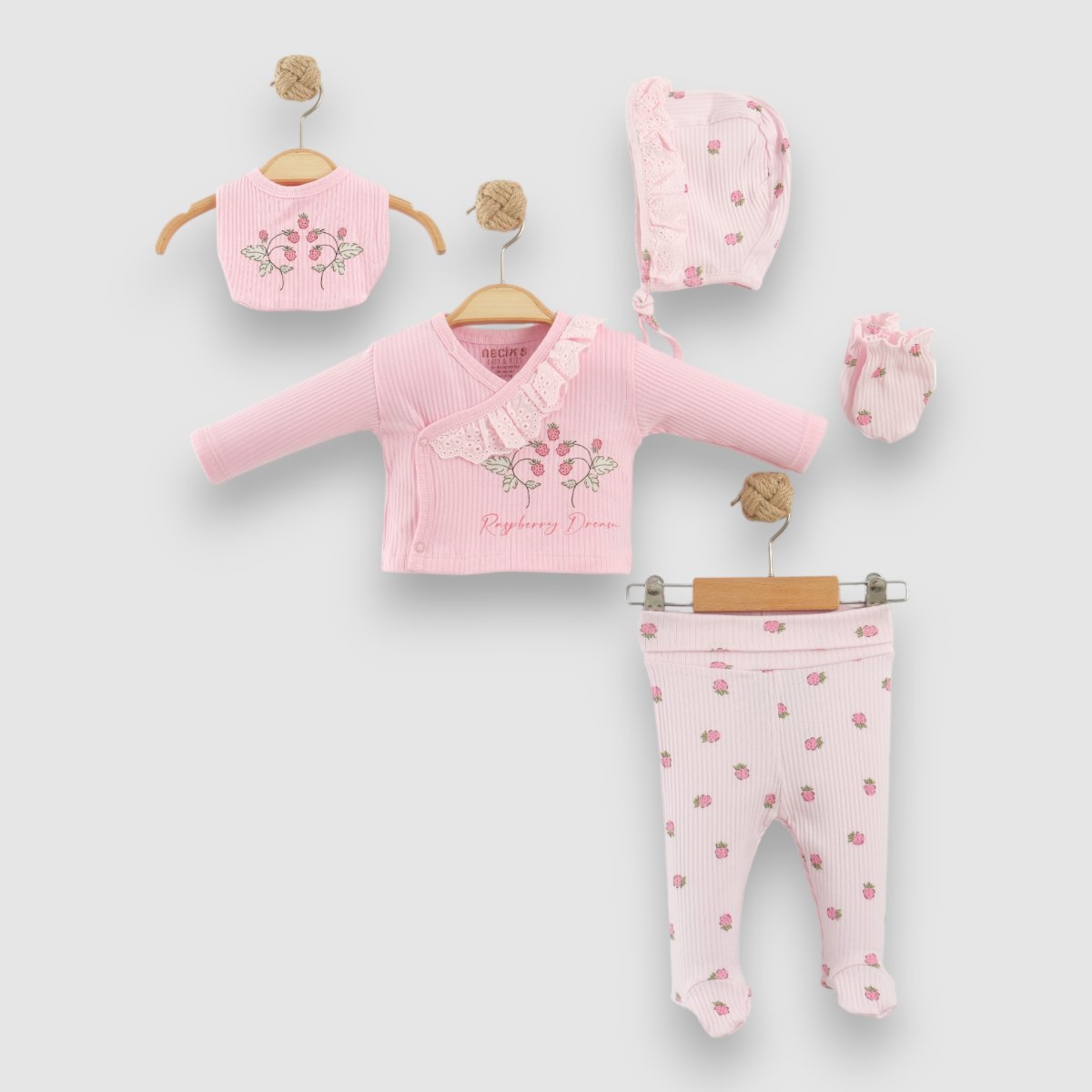 Kız Bebek %100 Pamuk Ahududu Desenli Premium 0-3 Ay (Yenidoğan) 5'li Hastane Çıkış Seti