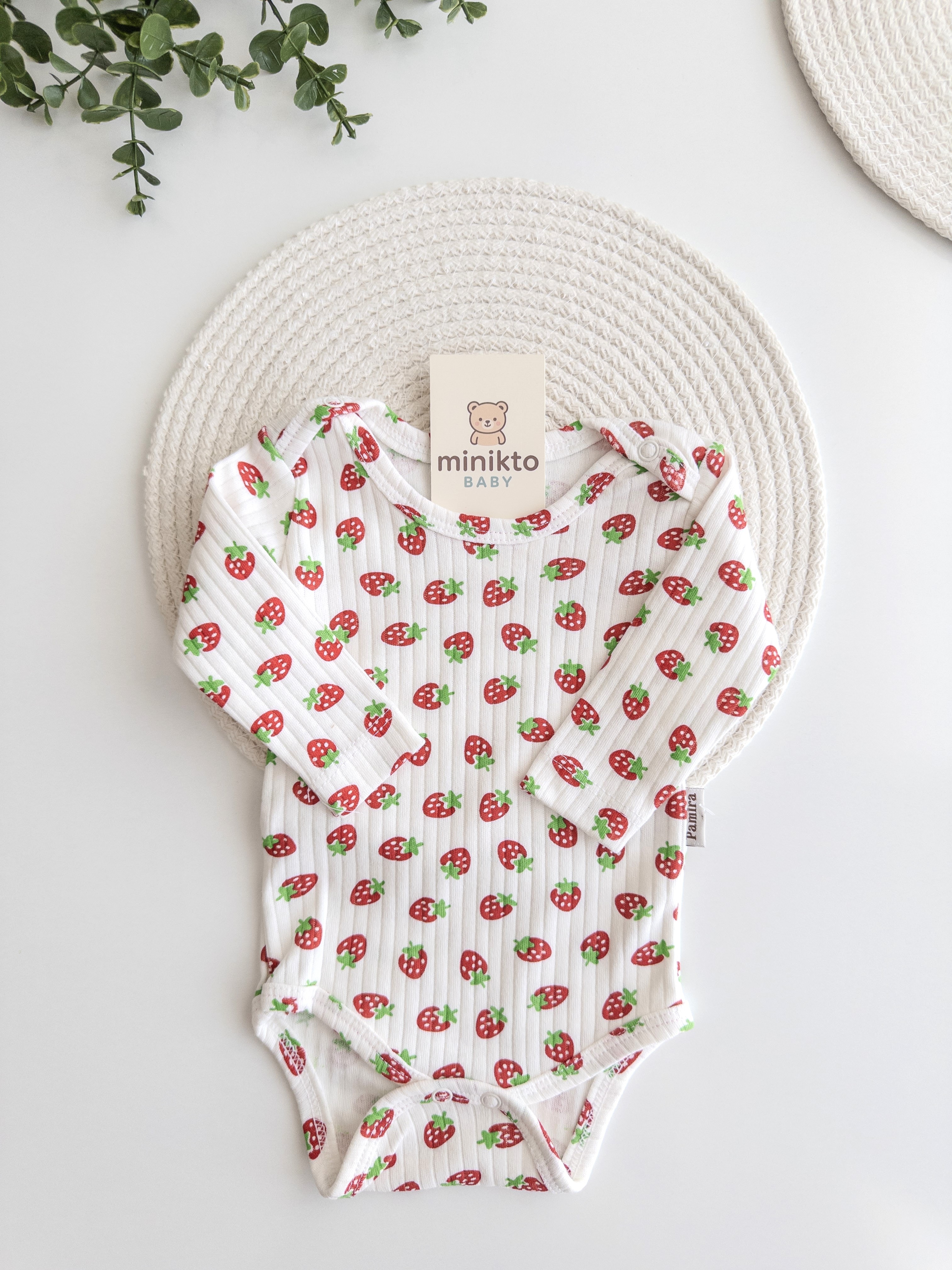 Kız Bebek Çilek Desenli Uzun Kollu Çıt Çıtlı Body