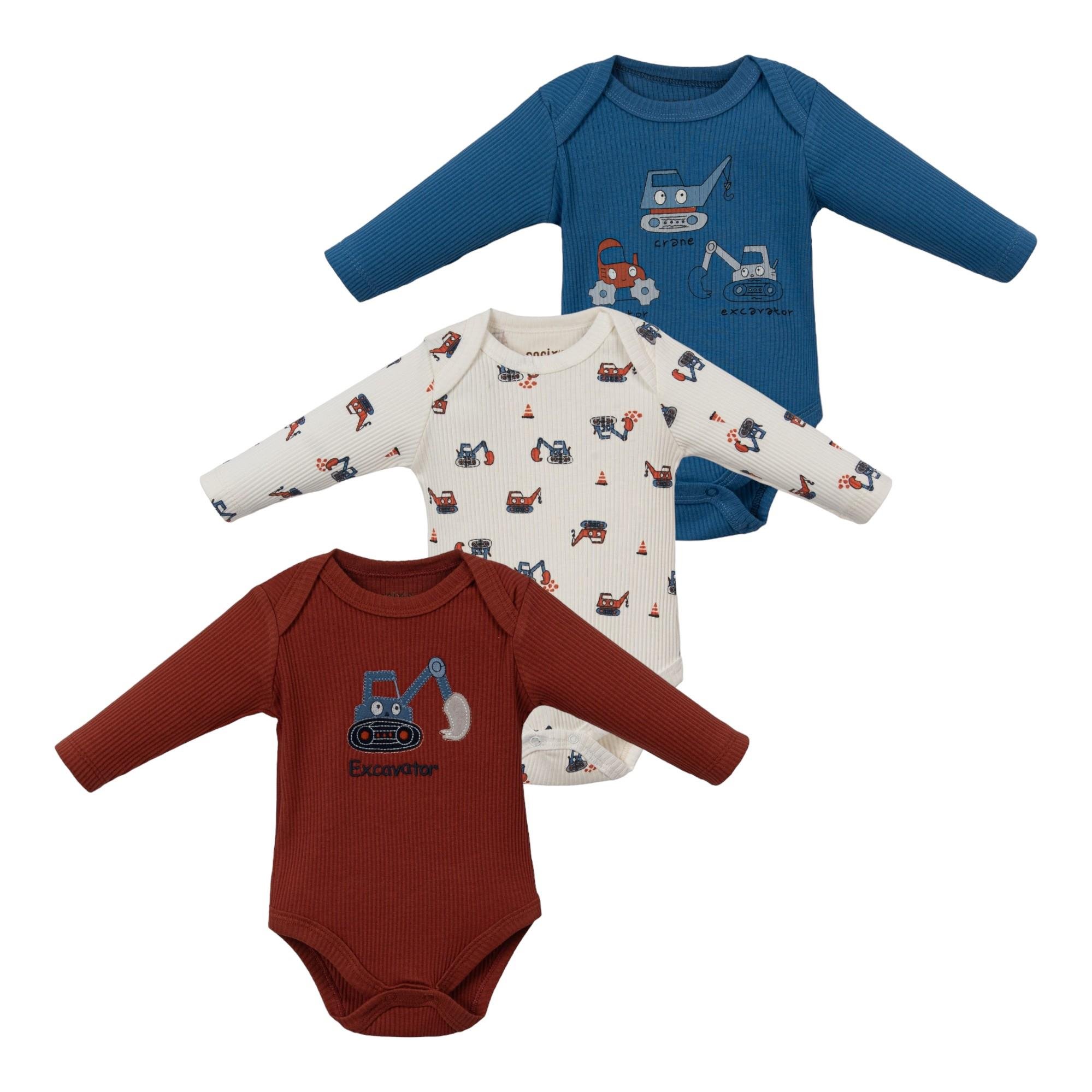 Erkek Bebek %100 Pamuk Excavator Temalı 3'lü Body Set