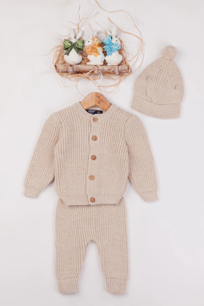 Erkek Bebek 3-6 Ay Şapkalı Örgü Takım