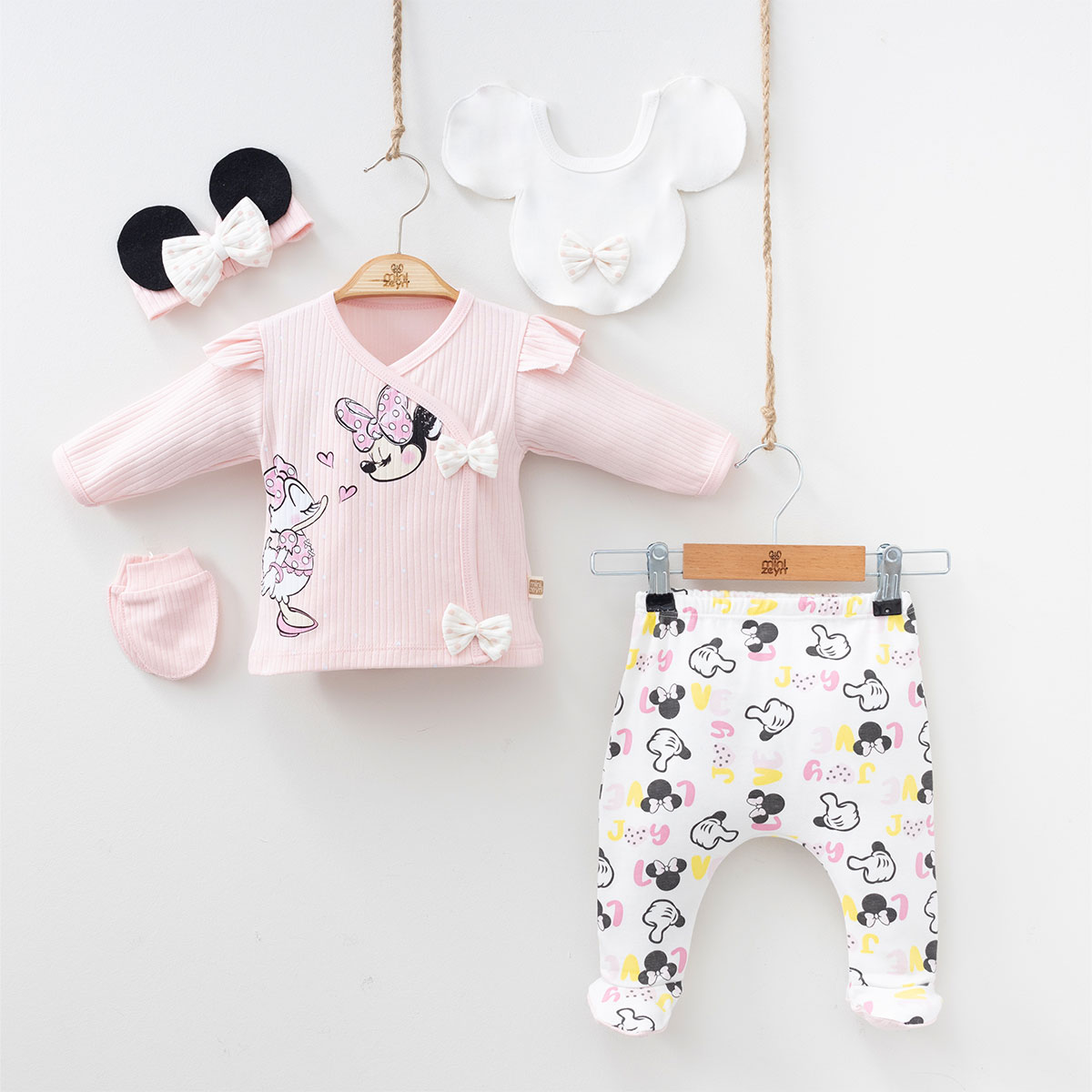 Kız Bebek %100 Pamuk Minnie ve Daisy 0-3 Ay (Yenidoğan) 5'li Hastane Çıkış Seti