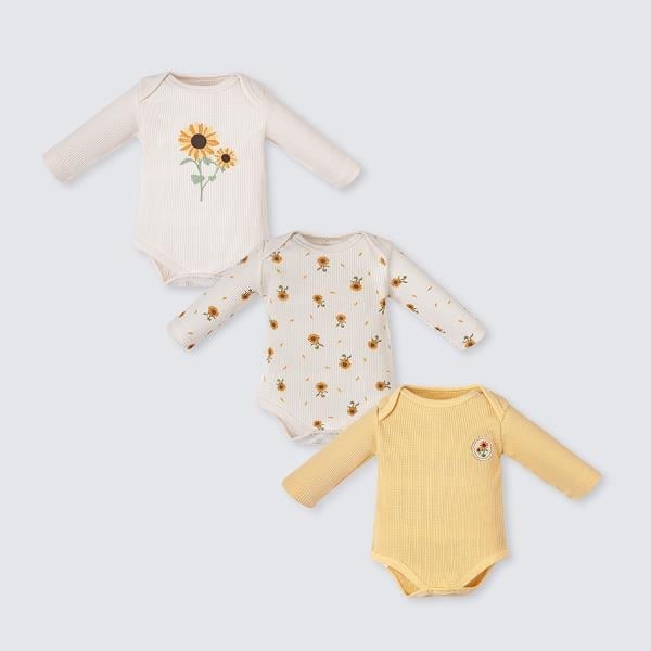 Kız Bebek Premium %100 Pamuk Ayçiçek Desenli 3'lü Body Set