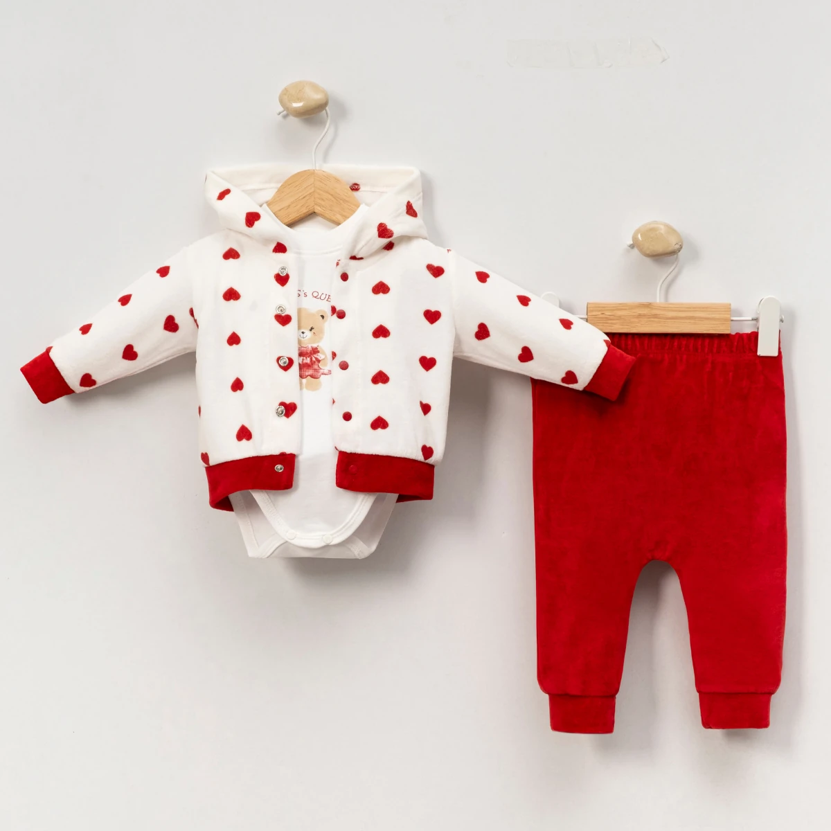 Kız Bebek Kalpli Kadife 3'lü Takım