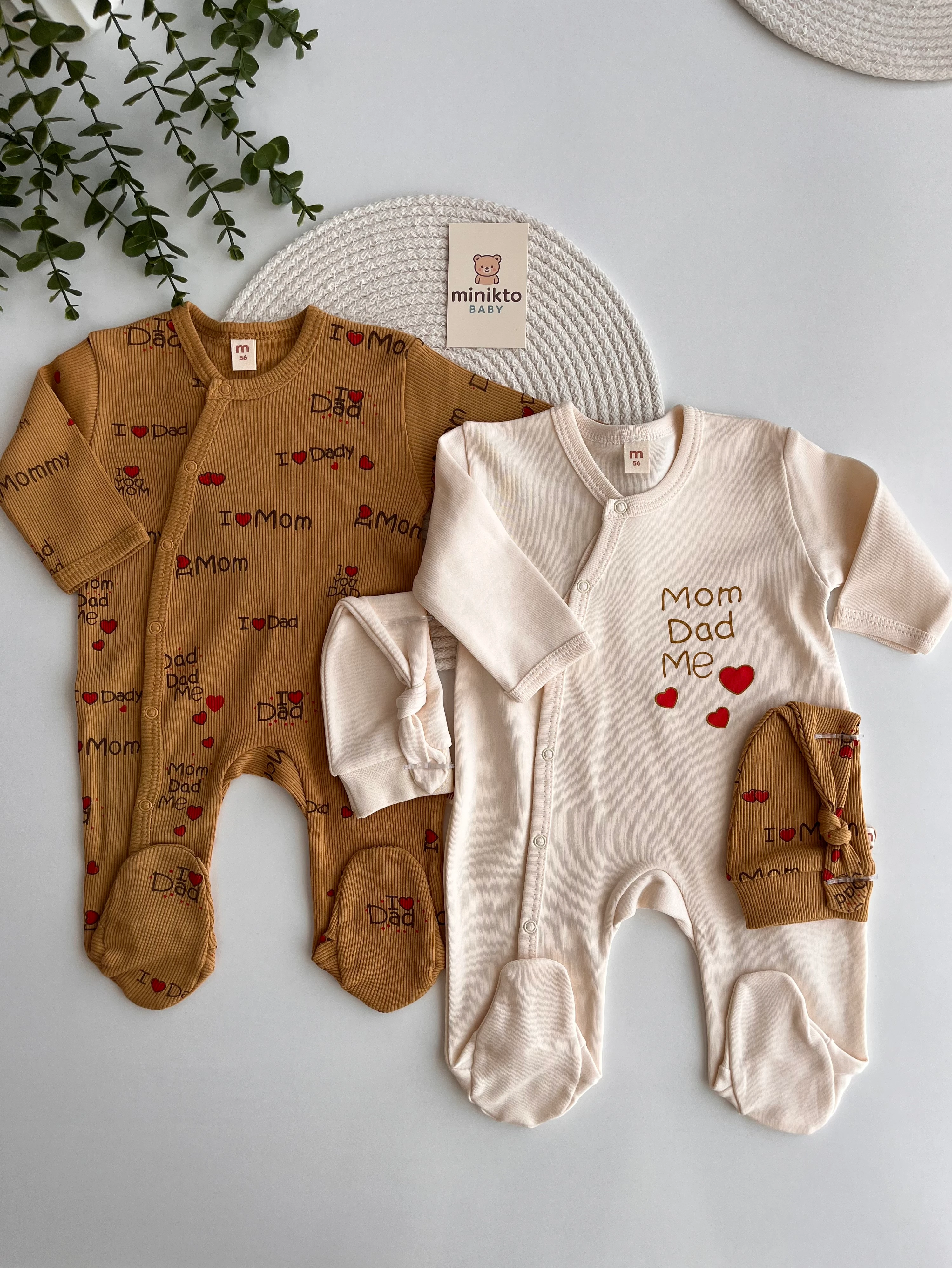 Unisex Premium 3-6 Ay Mom and Dad Şapkalı Fitilli 2'li Tulum