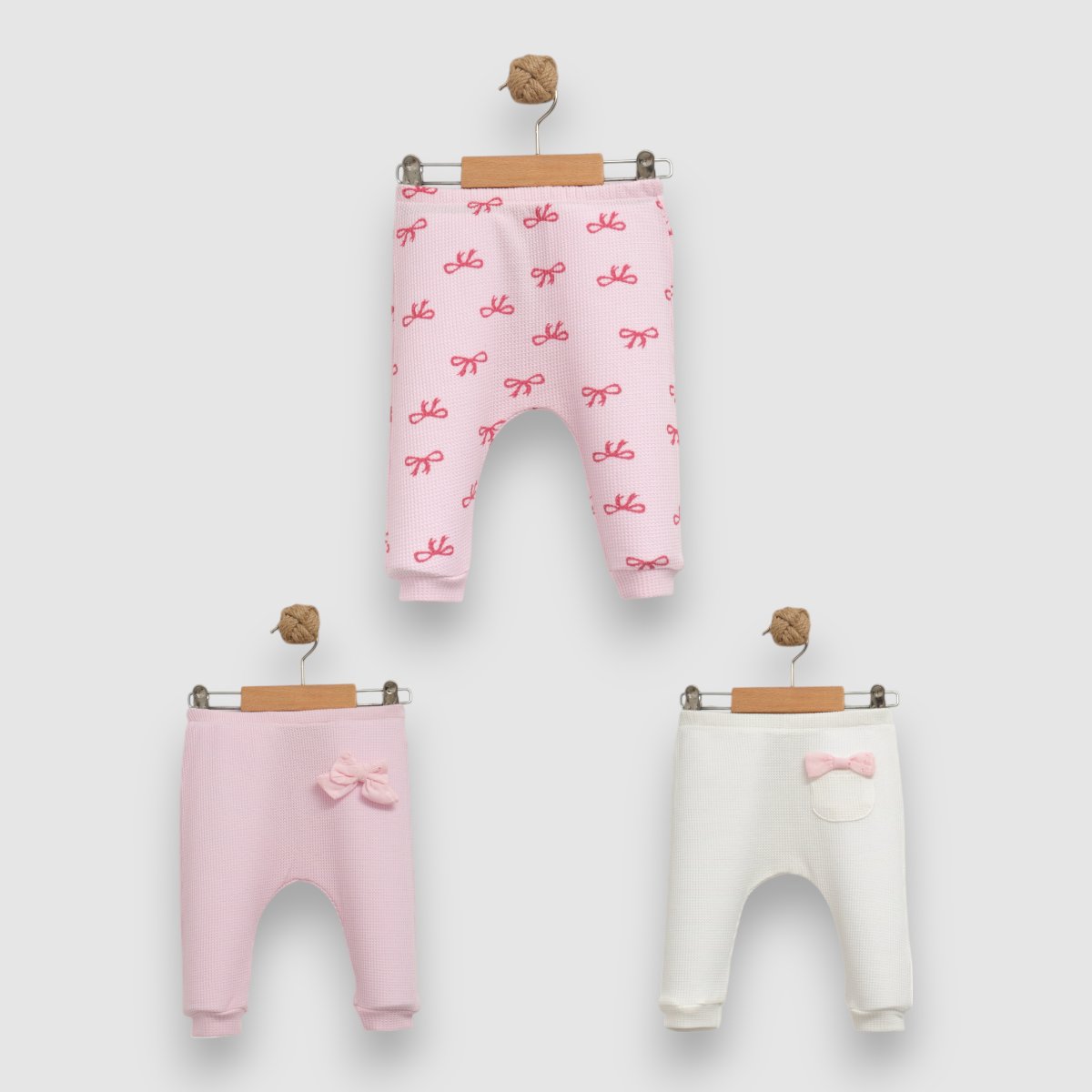Kız Bebek Premium %100 Pamuk Fiyonk Desenli 3'lü Pantolon Set